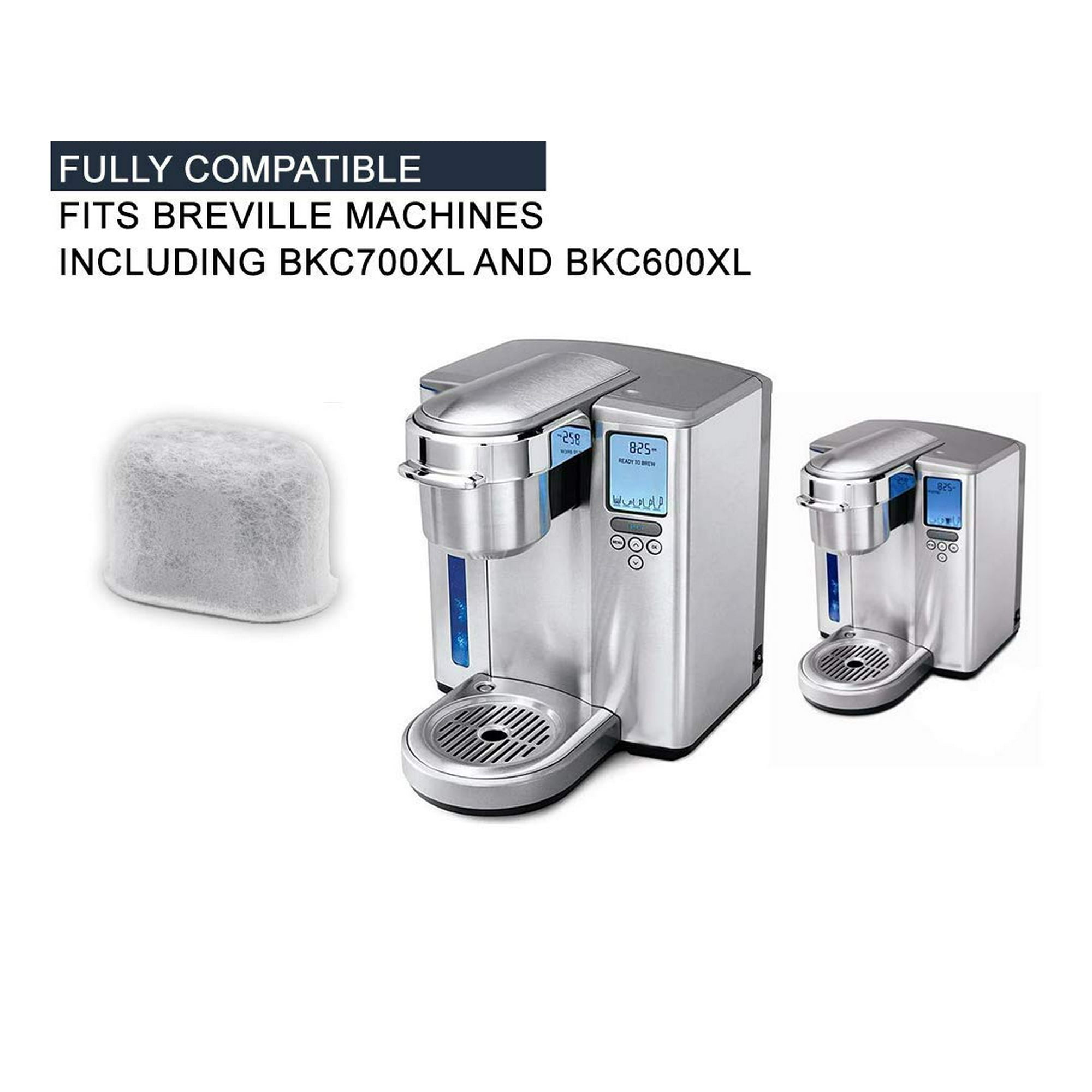 Das Bild zeigt eine Kaffeemaschine, einen Filter und Text: Voll kompatibel mit Breville-Maschinen.