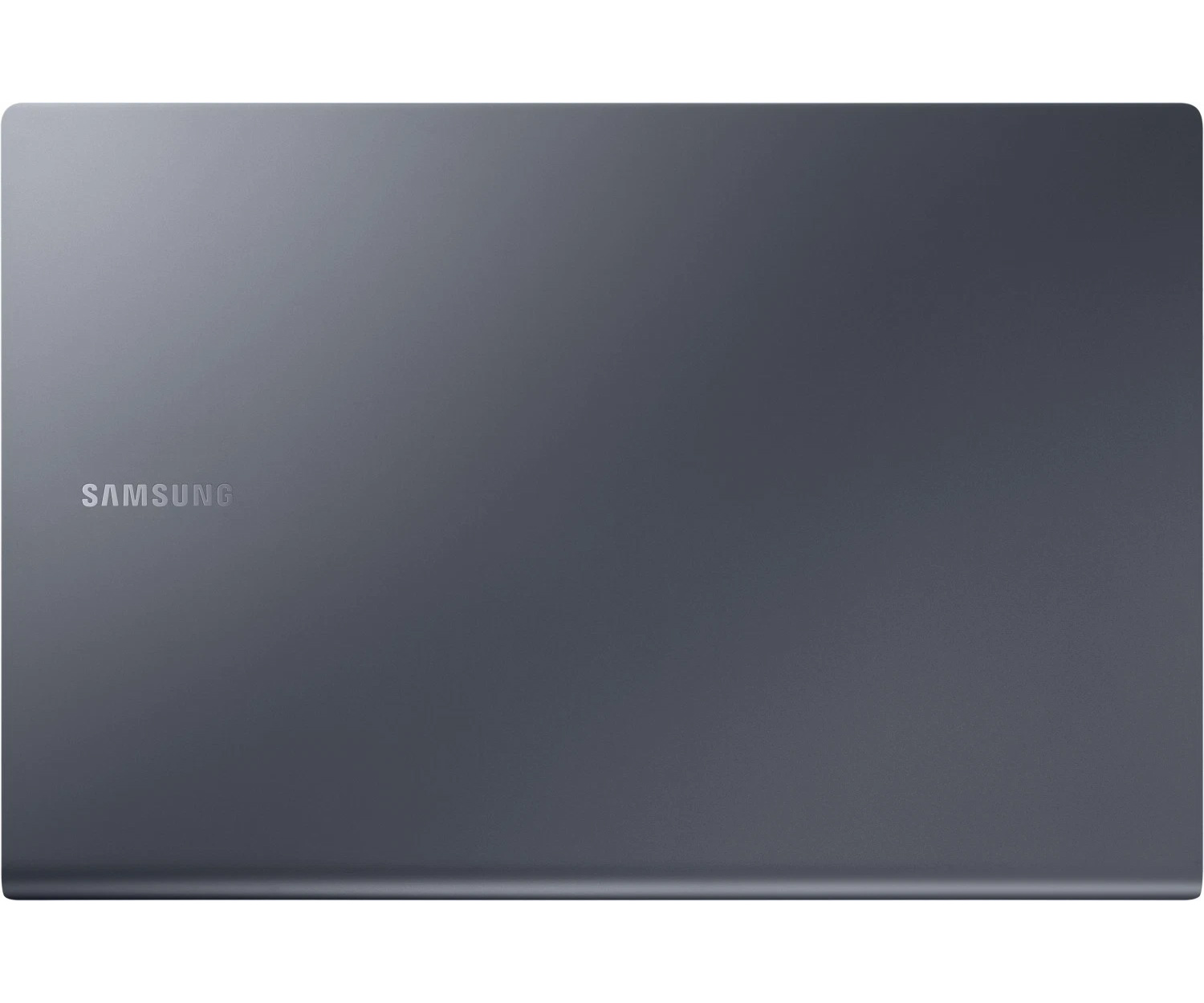 Ein geschlossener, grauer Samsung-Laptop. Das Samsung-Logo ist links oben sichtbar. Die Oberfläche des Laptops ist glatt und reflektierend.