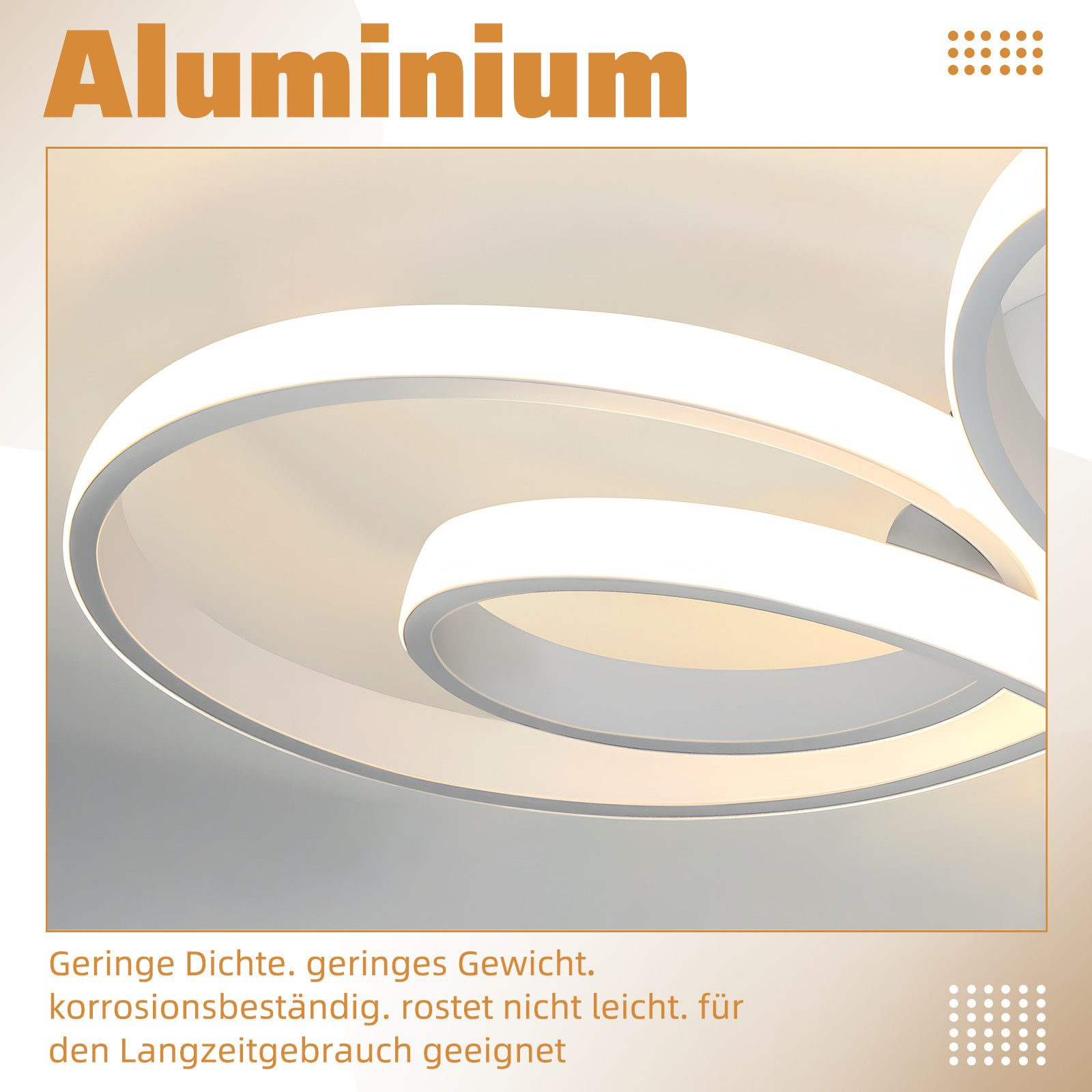 Una moderna lampada da soffitto in alluminio bianco e grigio con un design a strati e a spirale è mostrata su sfondo chiaro.