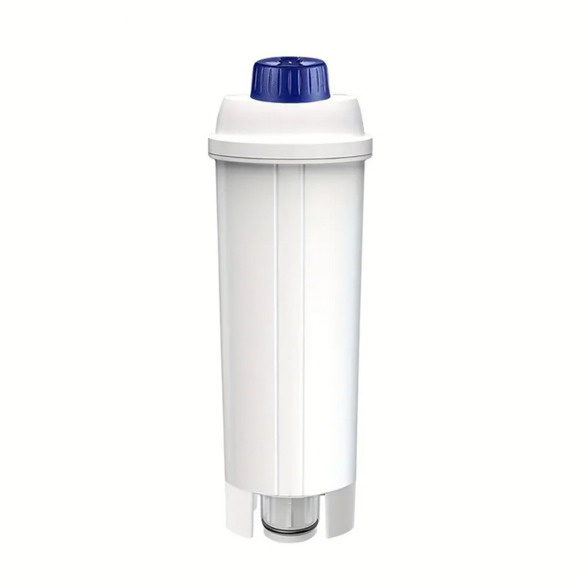 Ein weißer Wasserfilter mit blauem Deckel. Er ist zylindrisch mit vertikalen Linien und einem schwarzen Ring am Boden. Isoliert auf Weiß.