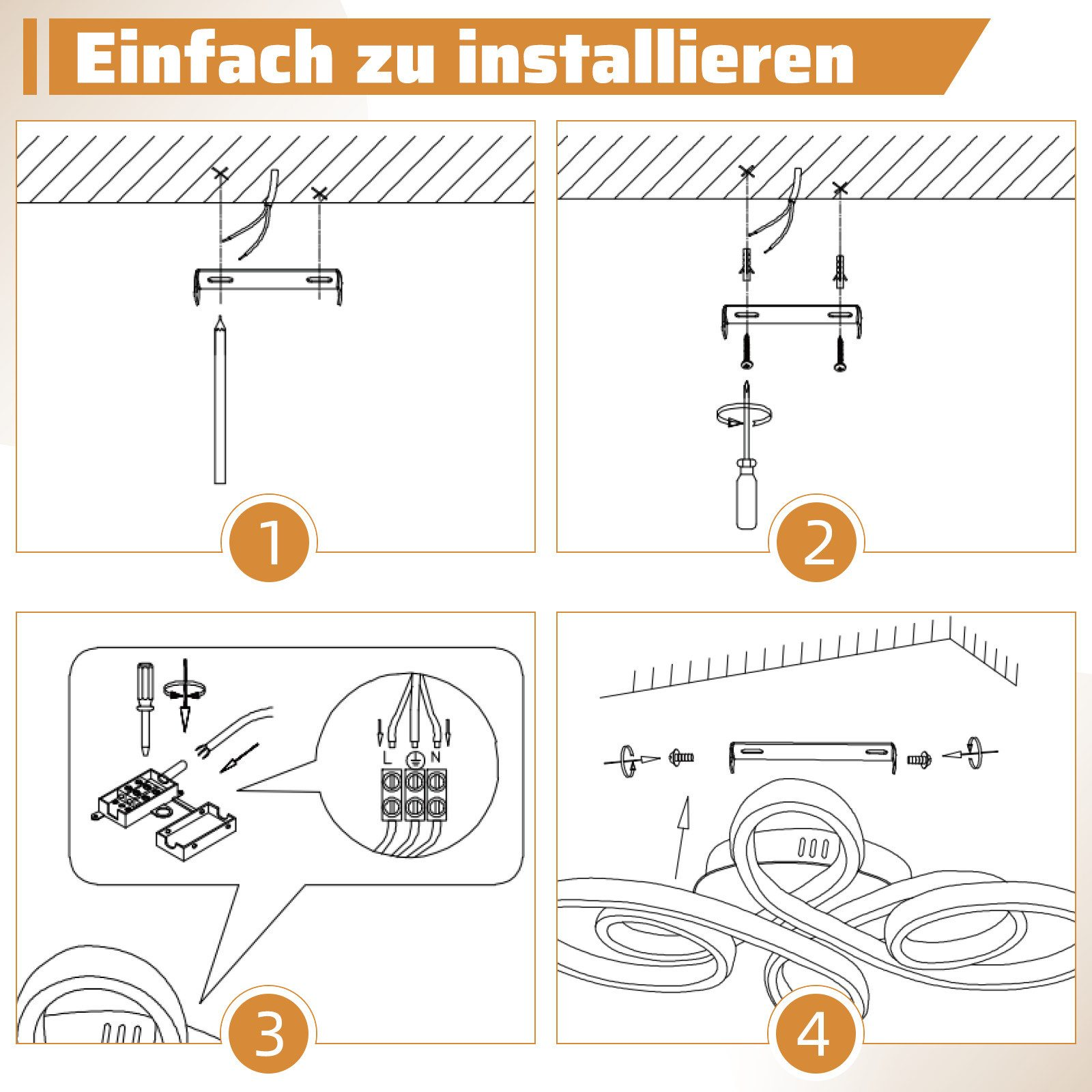 Il diagramma mostra quattro fasi di installazione di un apparecchio di illuminazione. Include viti, fili e un cacciavite. L'apparecchio è sul soffitto.