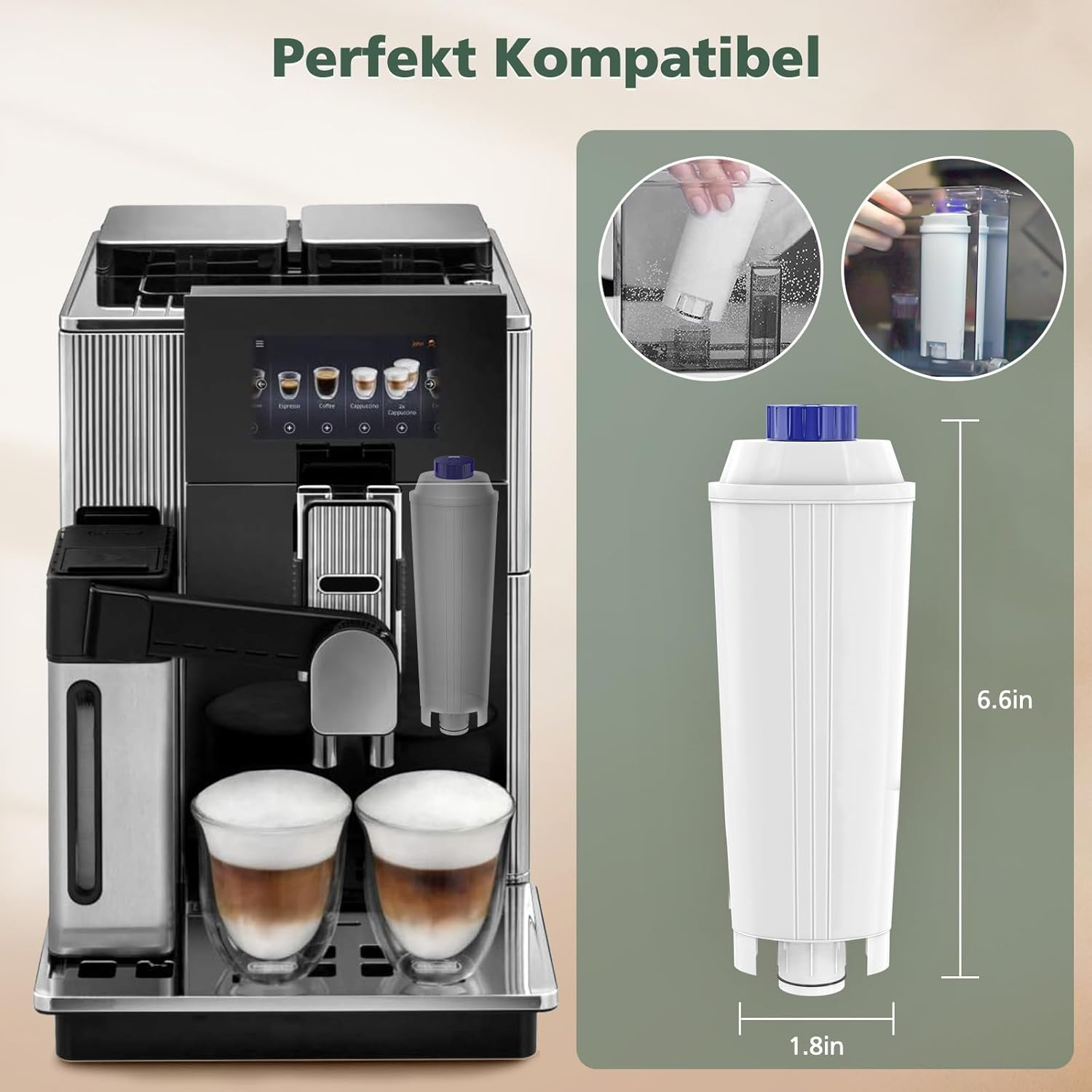 Eine Kaffeemaschine mit zwei Cappuccino-Tassen. Daneben ein Filter und zwei kleinere Filterbilder. Der Text lautet 'Perfekt Kompatibel'.