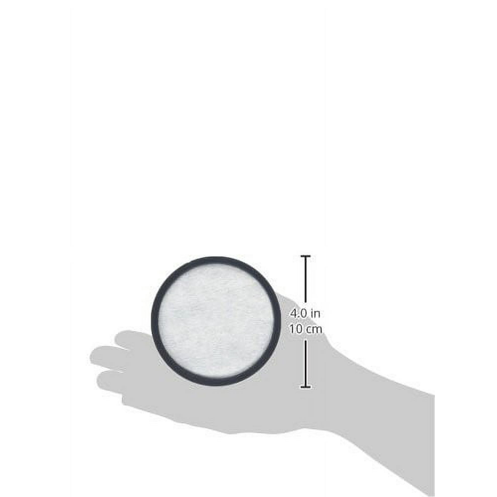 Eine Hand hält einen kreisförmigen weißen Filter mit schwarzem Rahmen. Eine Skala zeigt 4,0 Zoll und 10 cm.