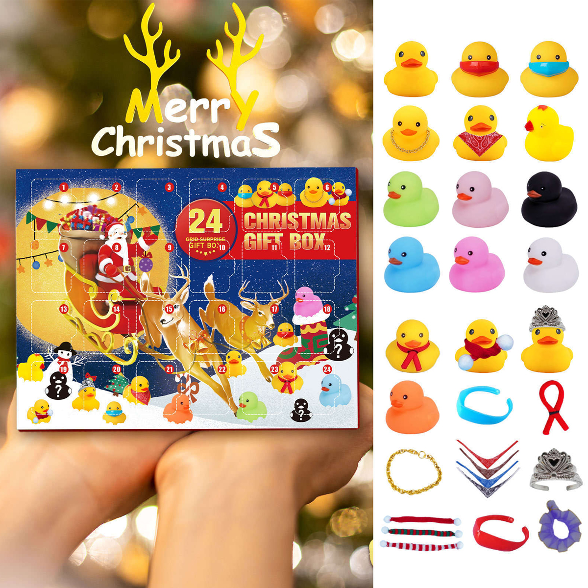 Eine Weihnachtsgeschenkbox mit Enten, Rentieren und dem Weihnachtsmann. Verschiedene Enten mit Zubehör. Hand hält die Box. Frohe Weihnachten Text.