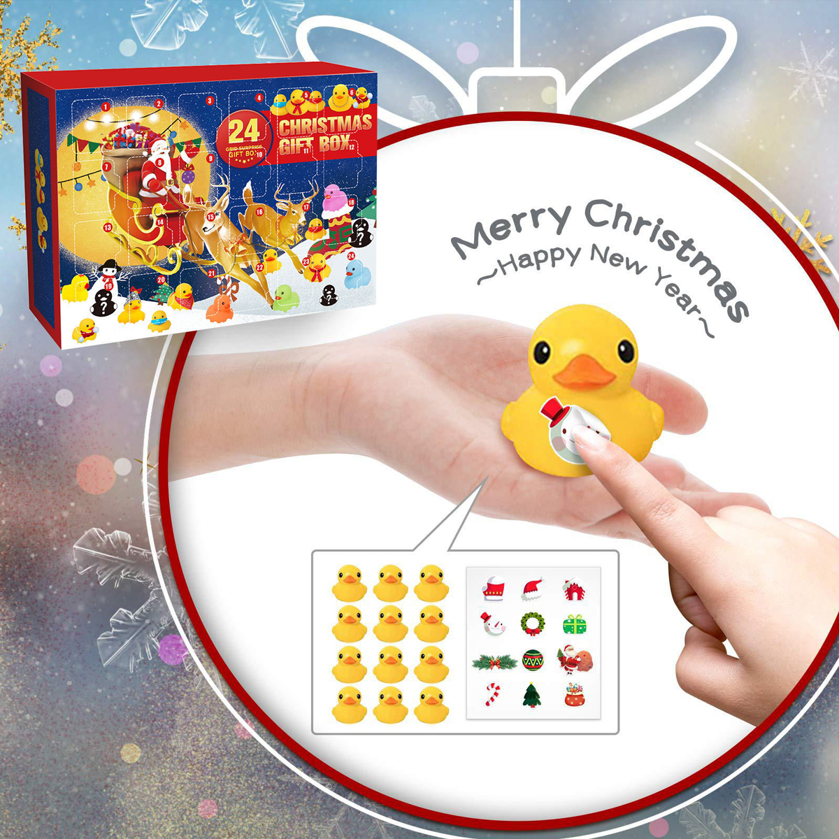 Eine Hand, die eine gelbe Gummiente mit Weihnachtsdesign hält, neben einer Weihnachtskalenderbox.