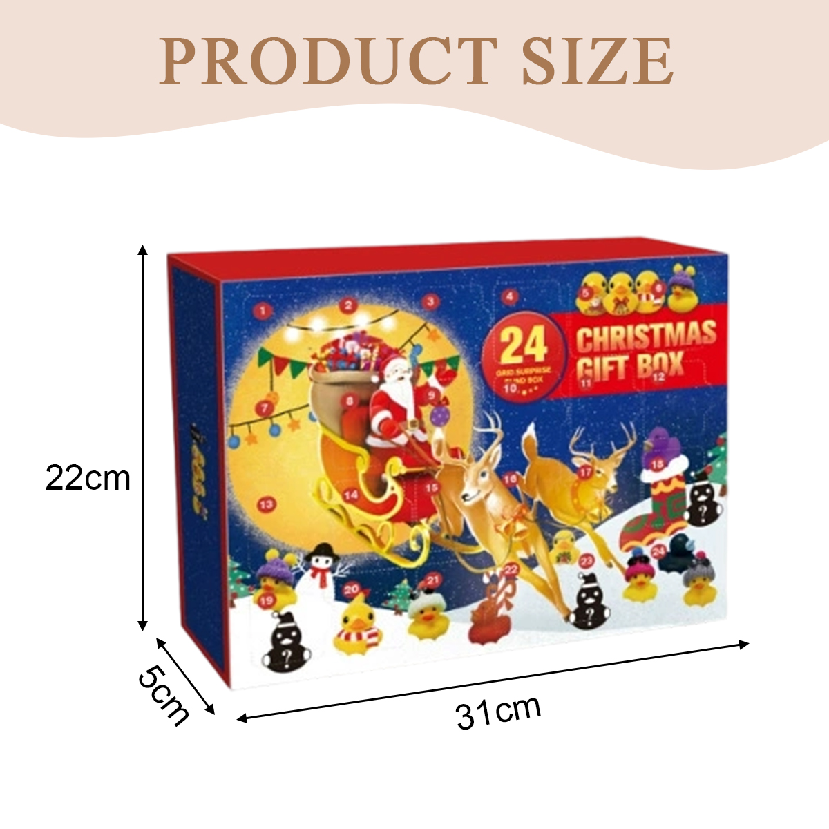 Eine Weihnachtsgeschenkbox mit Weihnachtsmann im Schlitten, Rentieren und Enten. Produktgröße ist 31x22x5 cm.