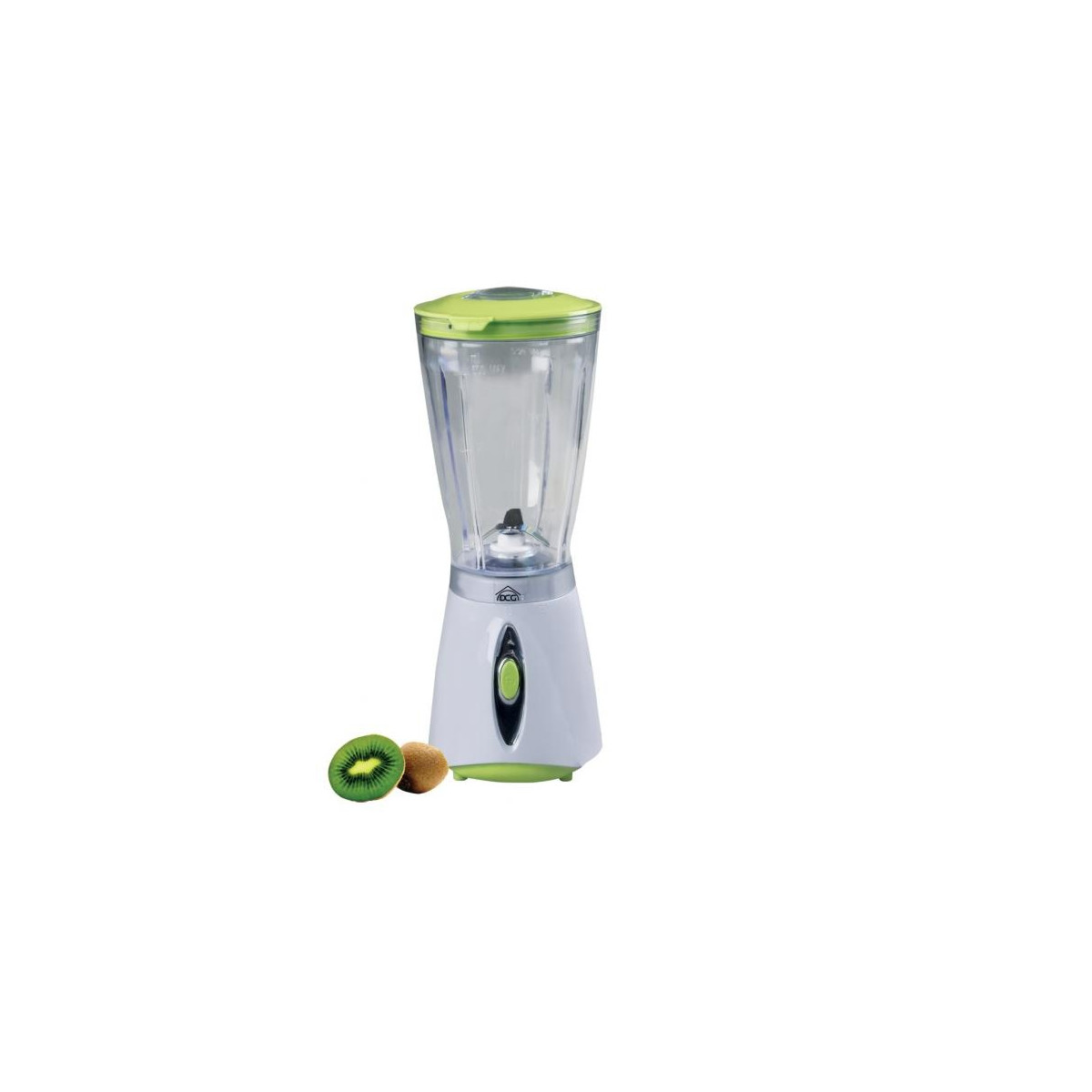 Un frullatore bianco e verde con un contenitore trasparente. Due kiwi davanti al frullatore, uno tagliato a metà.