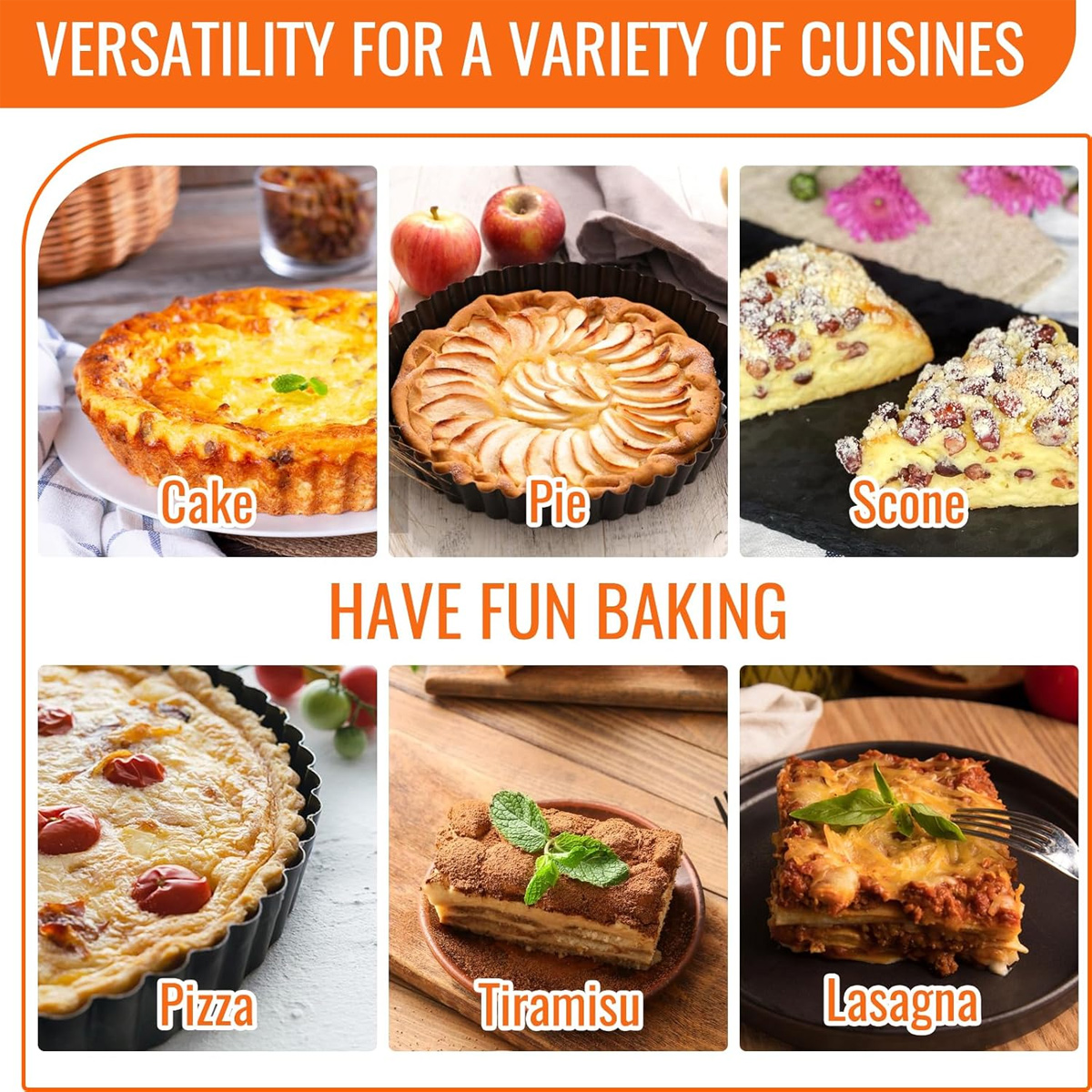 Das Bild zeigt eine Vielzahl von Backwaren: Kuchen, Kuchen, Scone, Pizza, Tiramisu und Lasagne. Text sagt: Vielseitigkeit für eine Vielzahl von Küchen.
