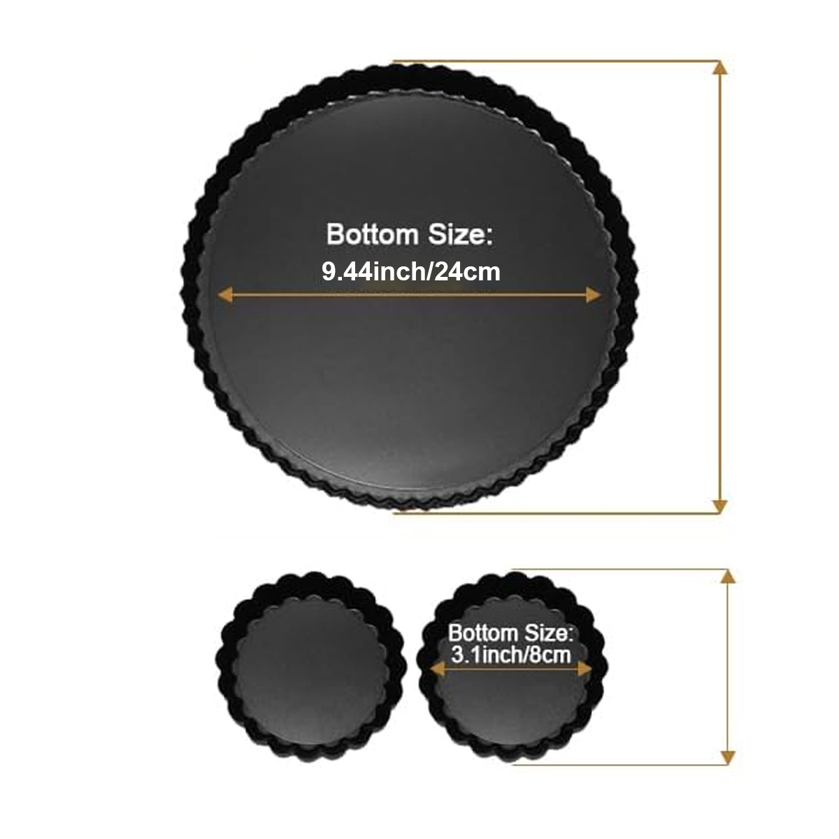 Das Bild zeigt drei schwarze Tarteformen mit Größenangaben: 9,44 Zoll/24 cm und 3,1 Zoll/8 cm. Abmessungen sind markiert.
