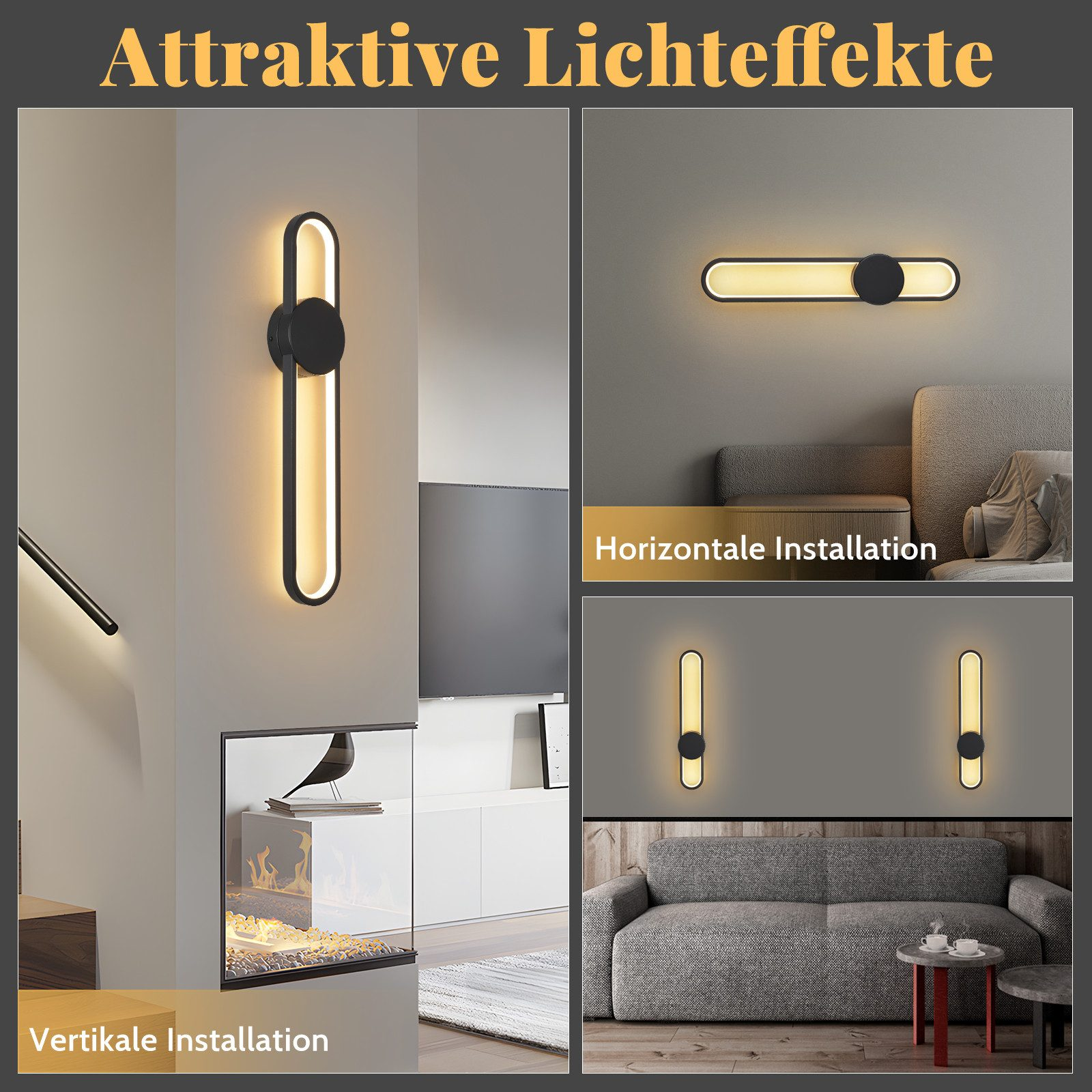 L'immagine mostra diverse moderne lampade da parete. Sono mostrate installazioni verticali e orizzontali. Le luci hanno un design in bianco e nero.