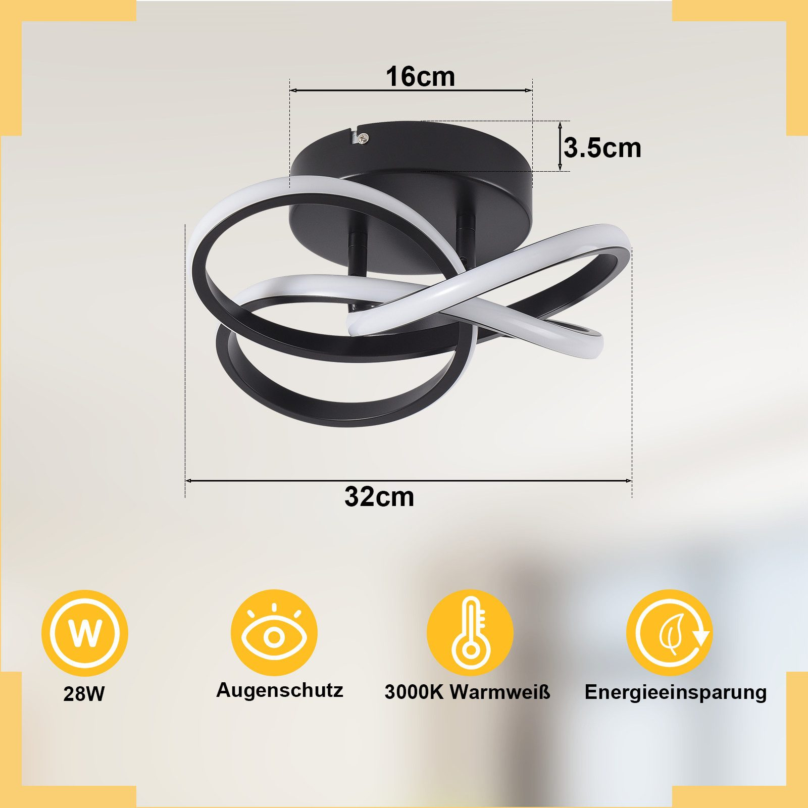 Lampada da soffitto a LED bianca e nera con dimensioni. Include 28W, protezione occhi e risparmio energetico.