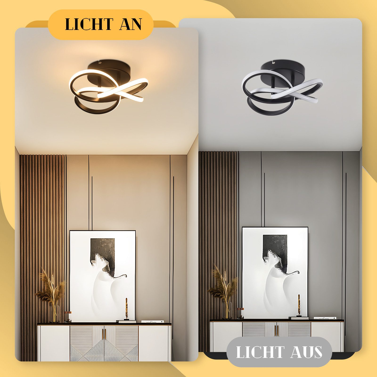 Una stanza con due stati di illuminazione: luce accesa e spenta. Sono visibili una lampada da soffitto moderna e un dipinto.