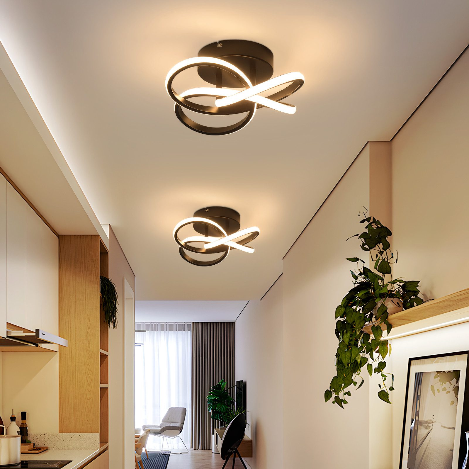 Corridoio con luci a soffitto. Due luci a soffitto decorative. Piante su uno scaffale. Cucina a sinistra. Sedia e tavolo sullo sfondo.