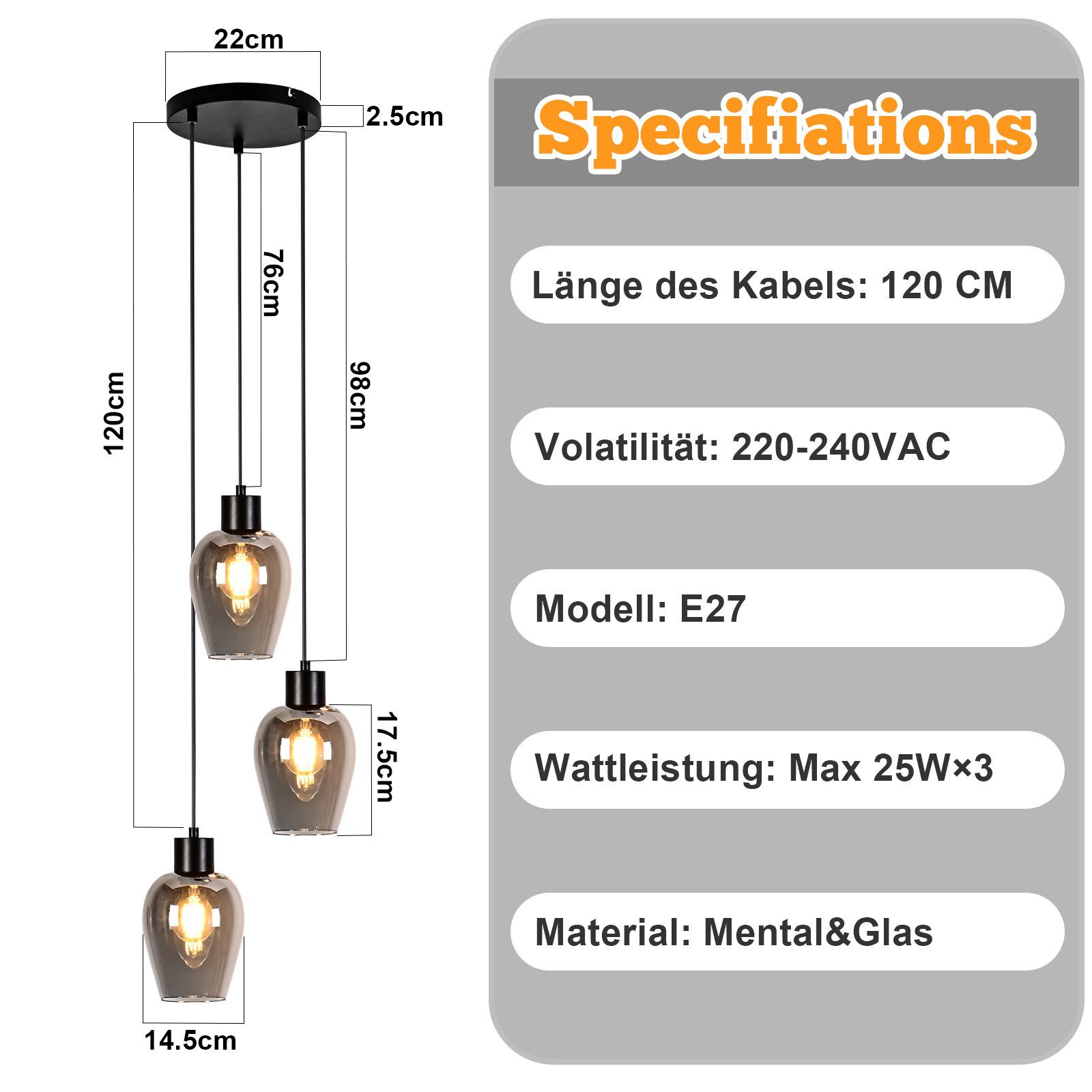 Una lampada a sospensione a tre luci con misure. Dettagli: lunghezza cavo, voltaggio, modello e materiale.