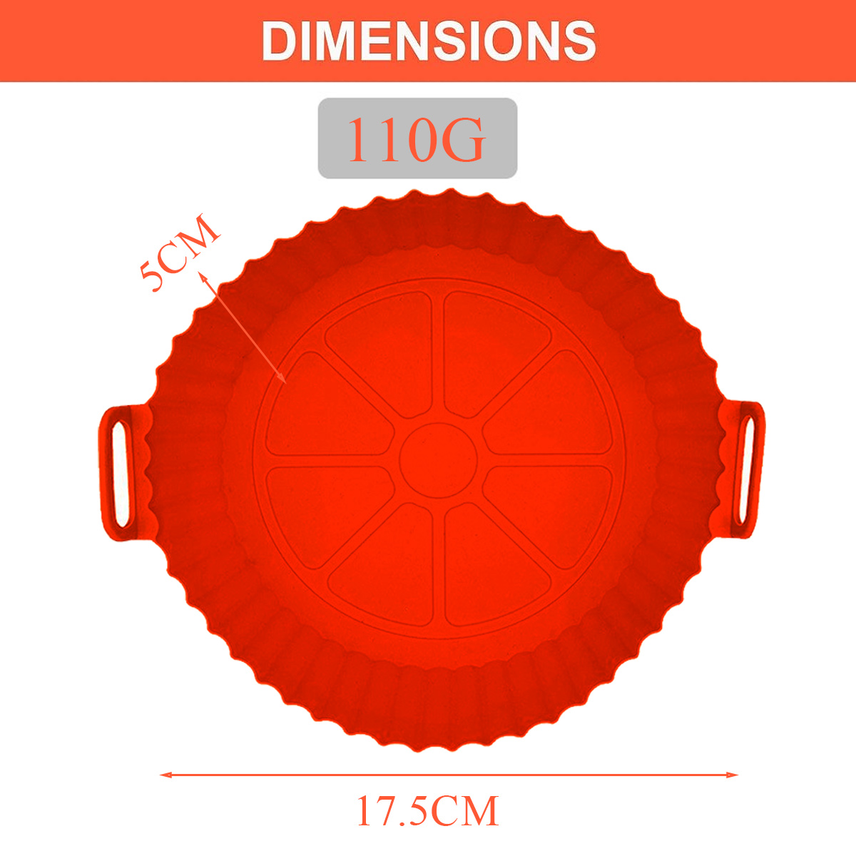 Eine orangefarbene Silikon-Backform. Sie ist rund mit gewelltem Rand und zwei Griffen. Die Abmessungen sind 17,5 cm und 5 cm. Das Gewicht beträgt 110 g.