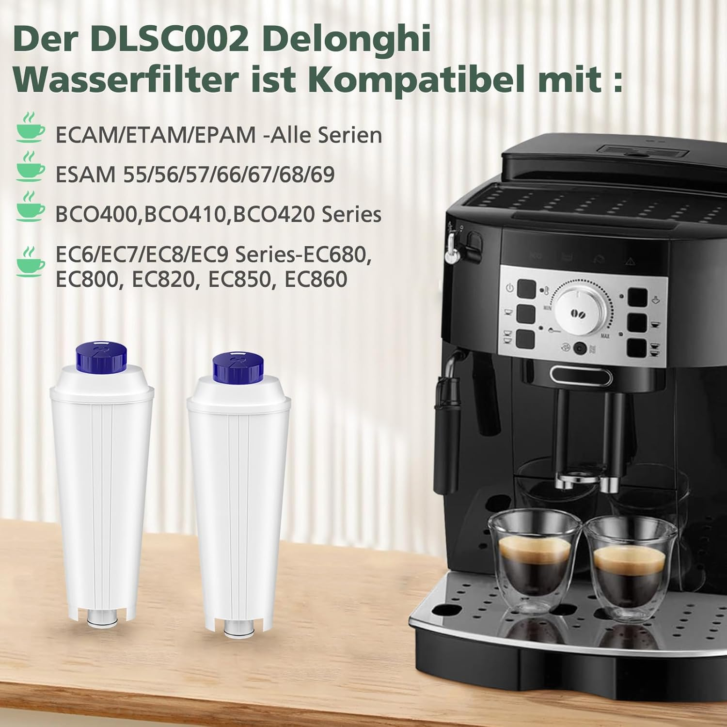 Das Bild zeigt eine Delonghi-Kaffeemaschine mit zwei Wasserfiltern und zwei Kaffeetassen. Textdetails kompatible Serien.
