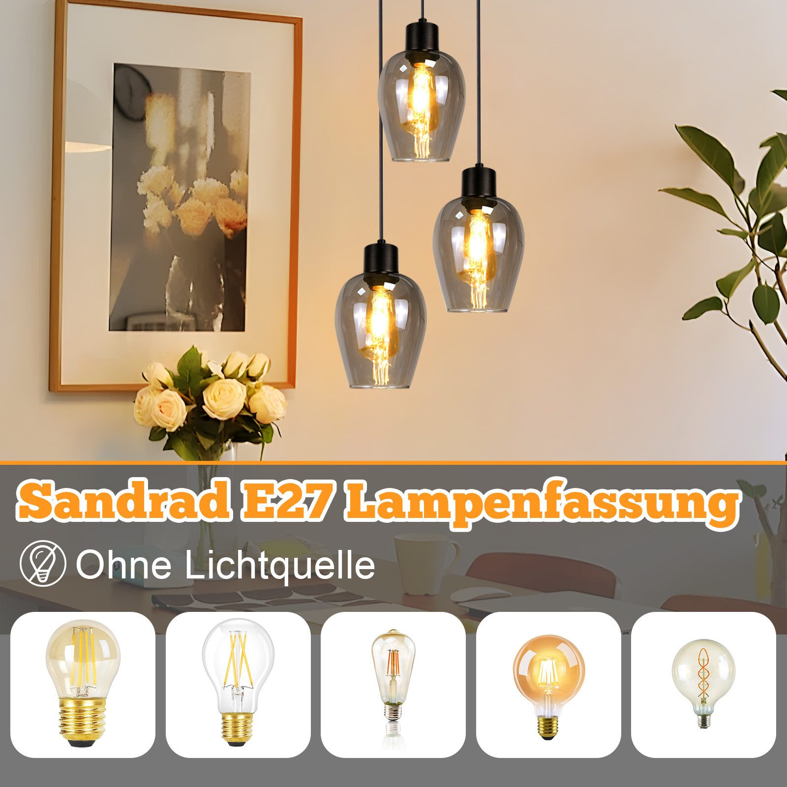 Tre lampade a sospensione con lampadine Edison sono appese. Sotto, un banner pubblicizza portalampada. Vengono mostrati diversi stili di lampadine.