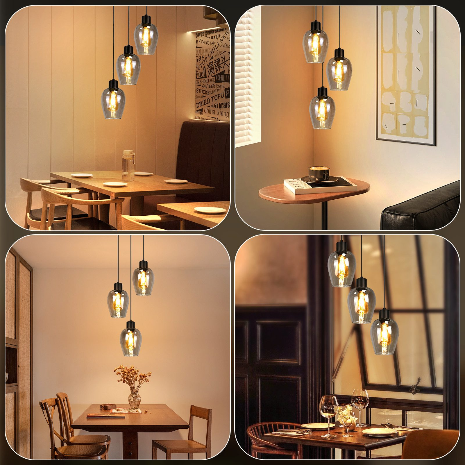 Scene di sala da pranzo. Lampade a sospensione sopra i tavoli. Tavoli con cibo e bevande. Illuminazione calda.