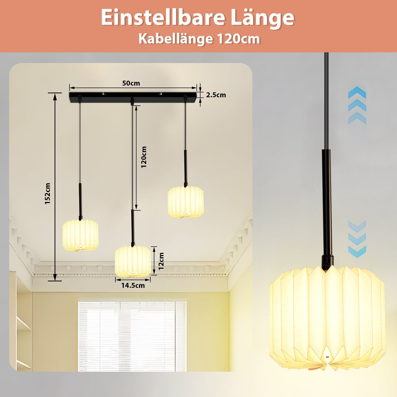 Tre lampade a sospensione con lunghezza regolabile. Le lampade sono bianche e rettangolari con dimensioni indicate. Soffitto e muro visibili.