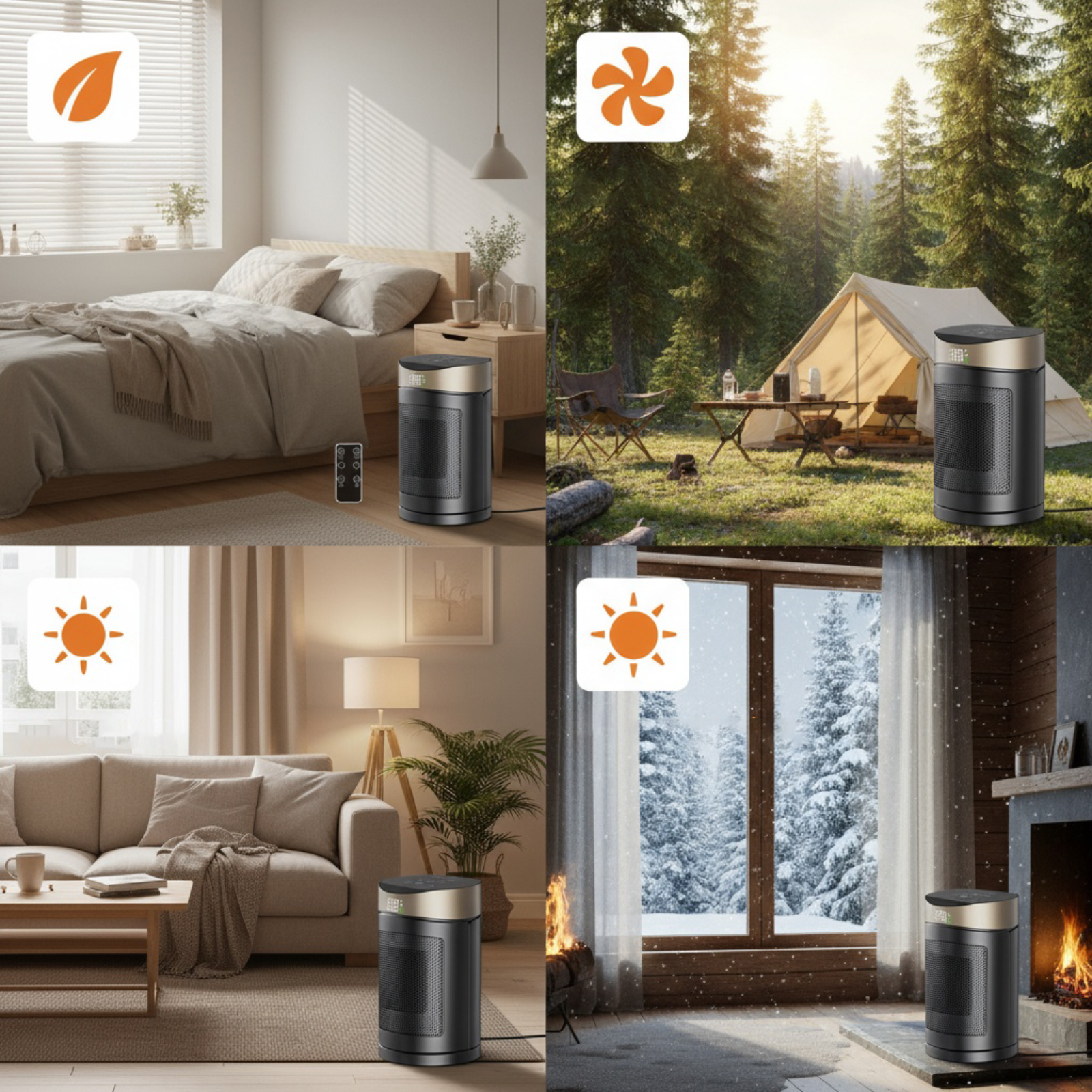 Das Bild zeigt eine Heizung in vier verschiedenen Umgebungen: Schlafzimmer, Camping, Wohnzimmer und Winterszene. Jede Szene hat ein Icon.