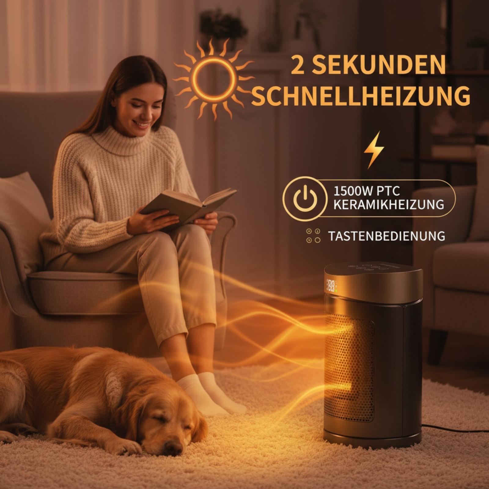 Eine Frau liest am Heizgerät mit einem Hund. Text sagt '2 Sekunden Heizung' und Details zum Heizgerät.