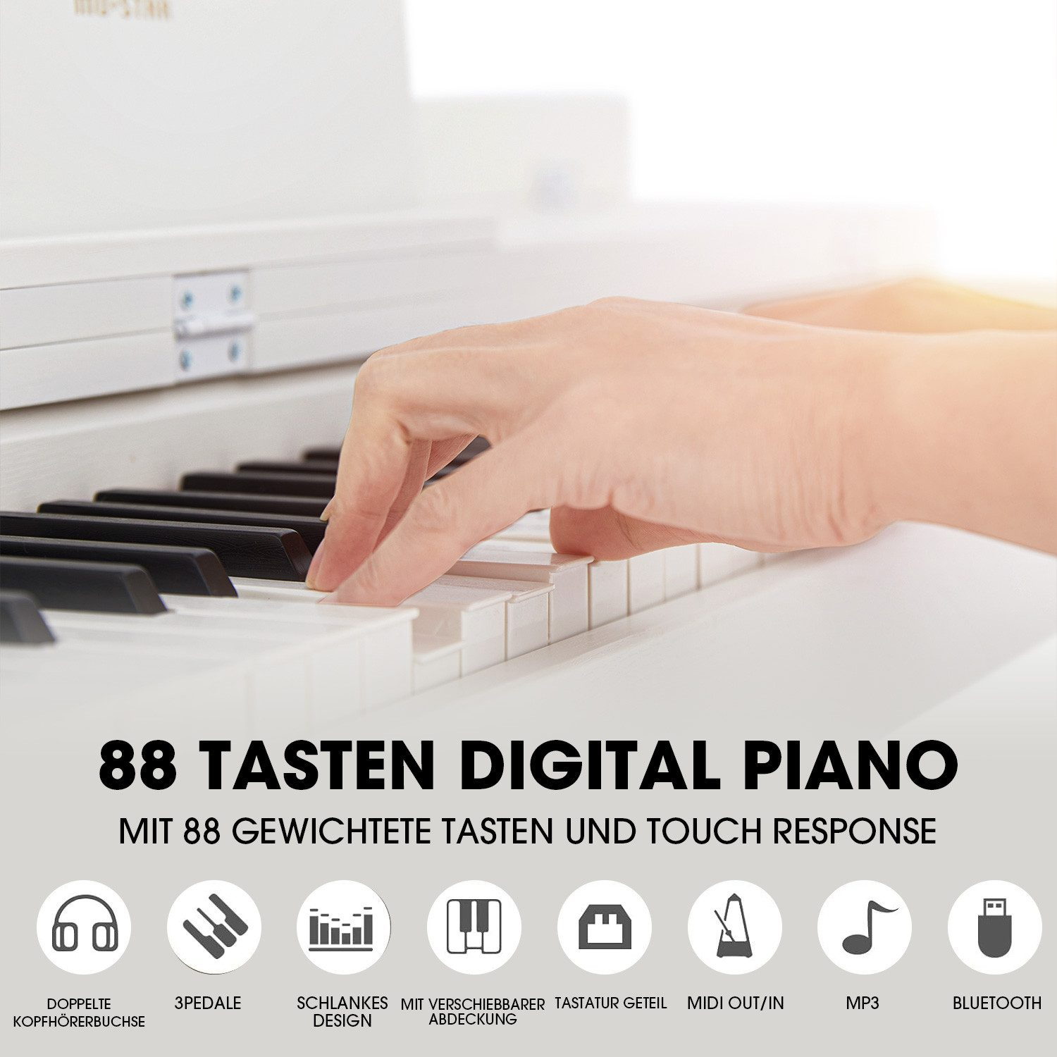 Eine Hand spielt ein weißes Digitalpiano mit schwarzen Tasten. Text: 88 Tasten, Touch-Response und Funktionen wie Bluetooth.