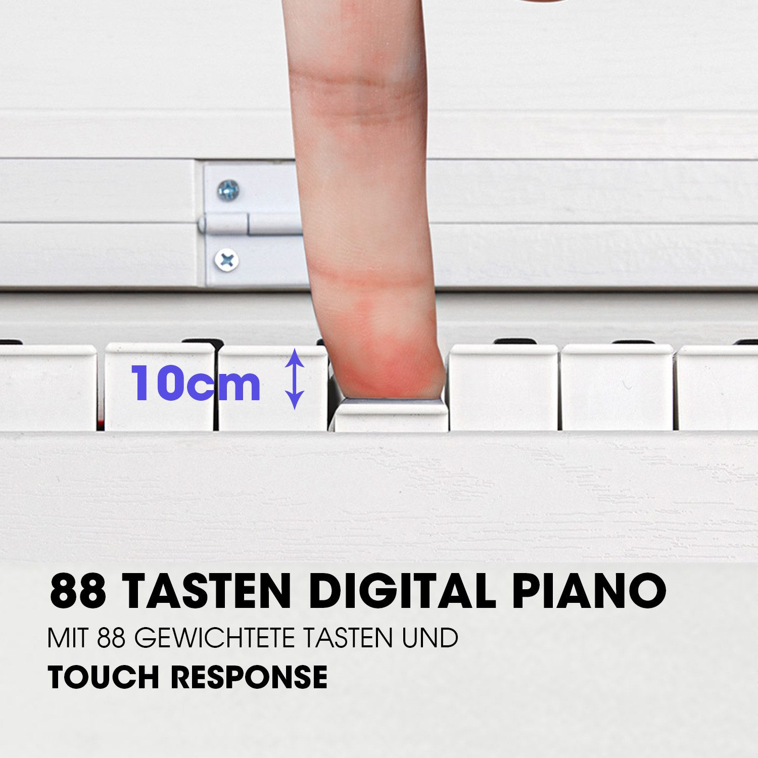 Ein Finger drückt eine Klaviertaste. Weiße Klaviertasten sind sichtbar. Text: 88 Tasten Digital Piano, mit 88 gewichteten Tasten und Touch Response.