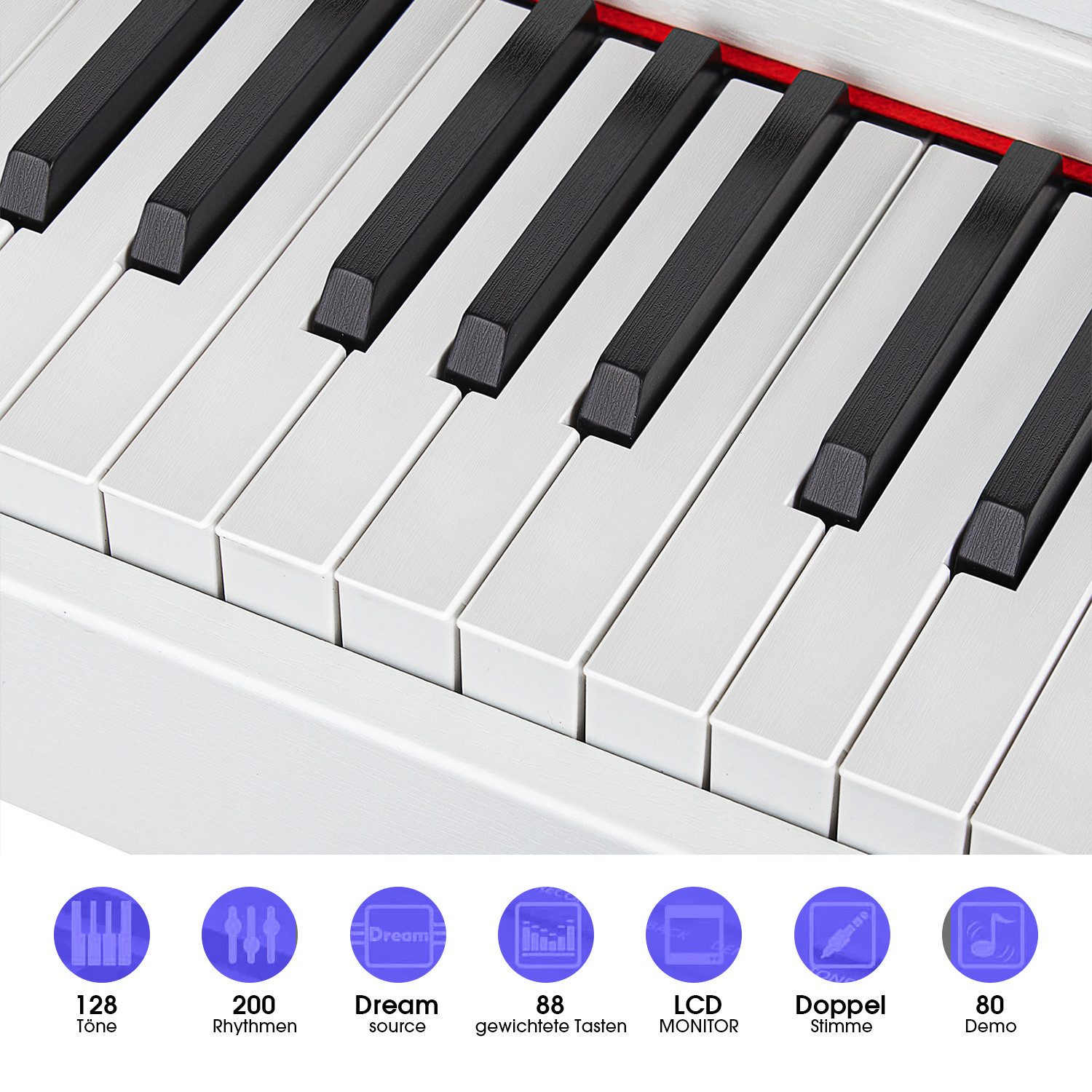 Nahaufnahme einer Klaviertastatur mit weißen und schwarzen Tasten. Darunter Icons: 128 Töne, 200 Rhythmen, Dream Quelle, 88 Tasten, LCD-Monitor.