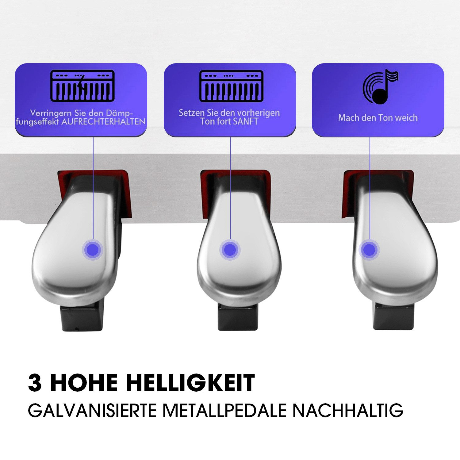Drei Klavierpedale mit silbernem Finish und blauen Lichtern unter lila Etiketten mit Musiksymbolen und deutschem Text.
