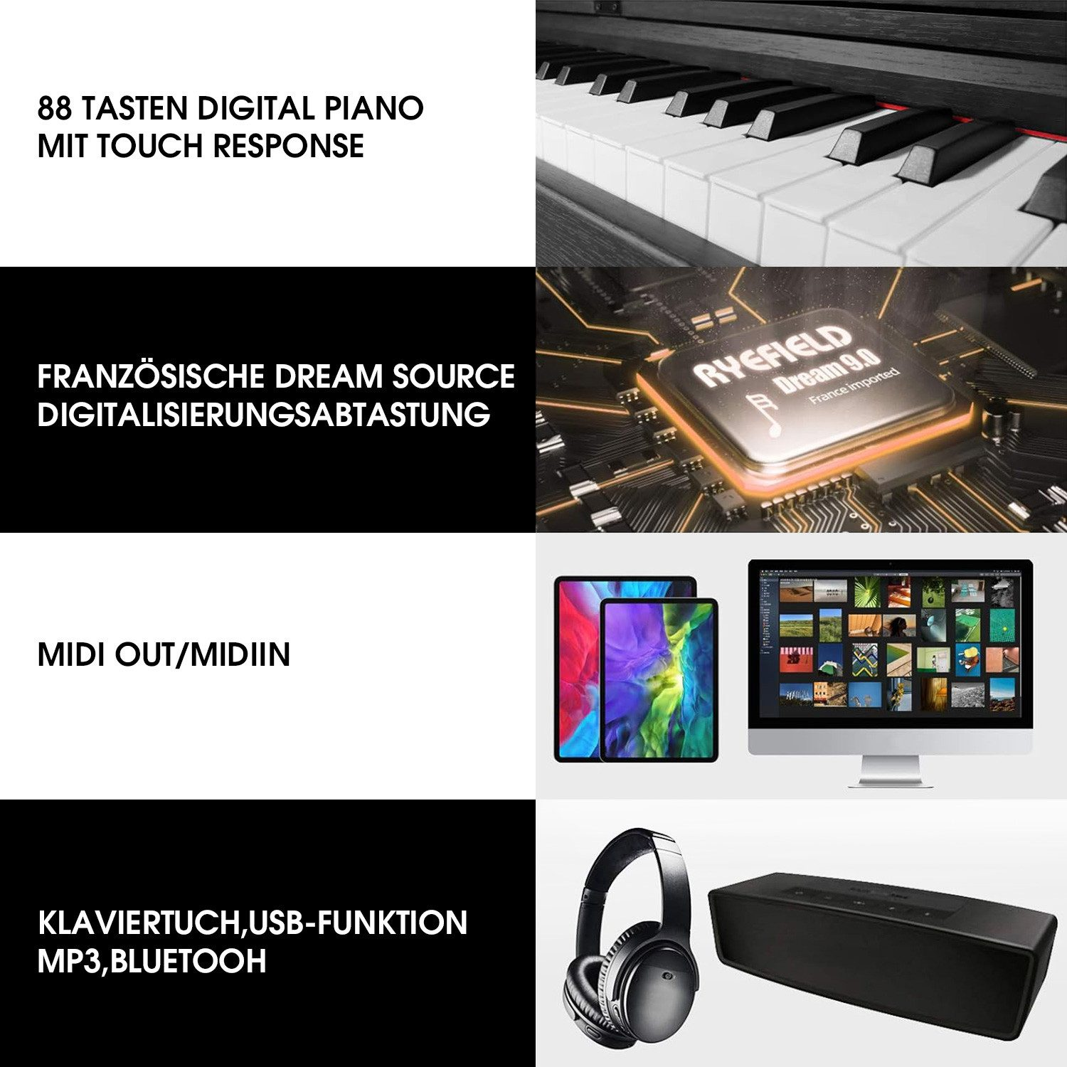 Das Bild zeigt ein Digitalpiano mit Funktionen wie Touch-Response, französischer Dream-Source, MIDI-Out und Bluetooth. Inkl. Kopfhörer und Lautsprecher.