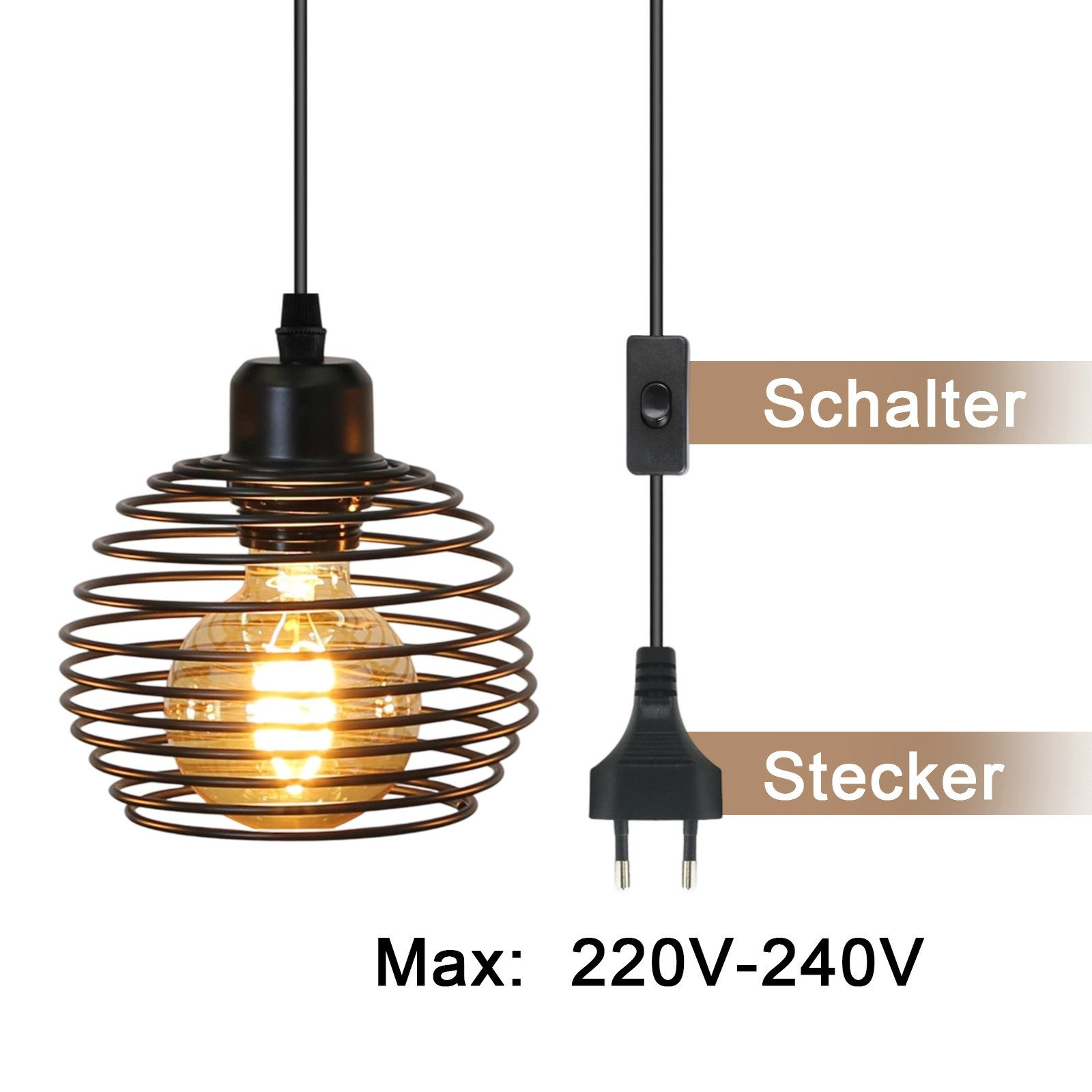 Una lampada a sospensione nera con gabbia metallica, interruttore e spina. Testo: Schalter, Stecker e Max: 220V-240V.