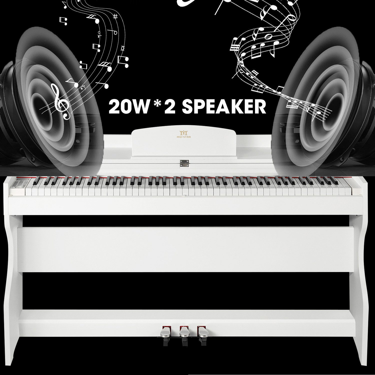 Ein weißes Klavier mit schwarz-weißen Tasten. Zwei Lautsprecher oben und Noten. Der Text '20W * 2 SPEAKER' steht oben.