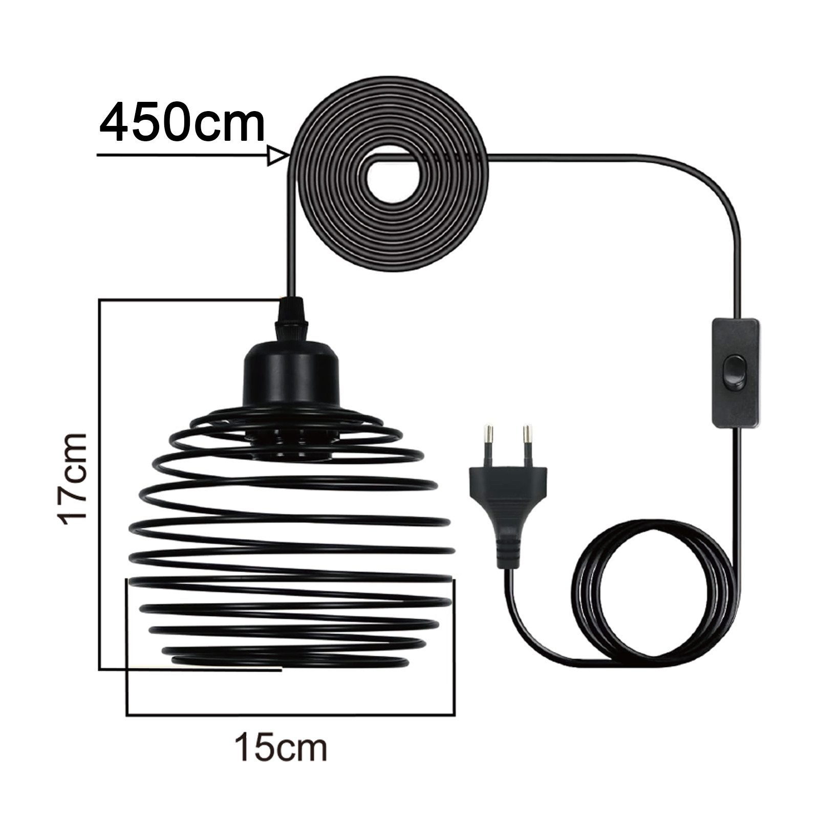Una lampada a sospensione nera con misure, filo, spina e interruttore.