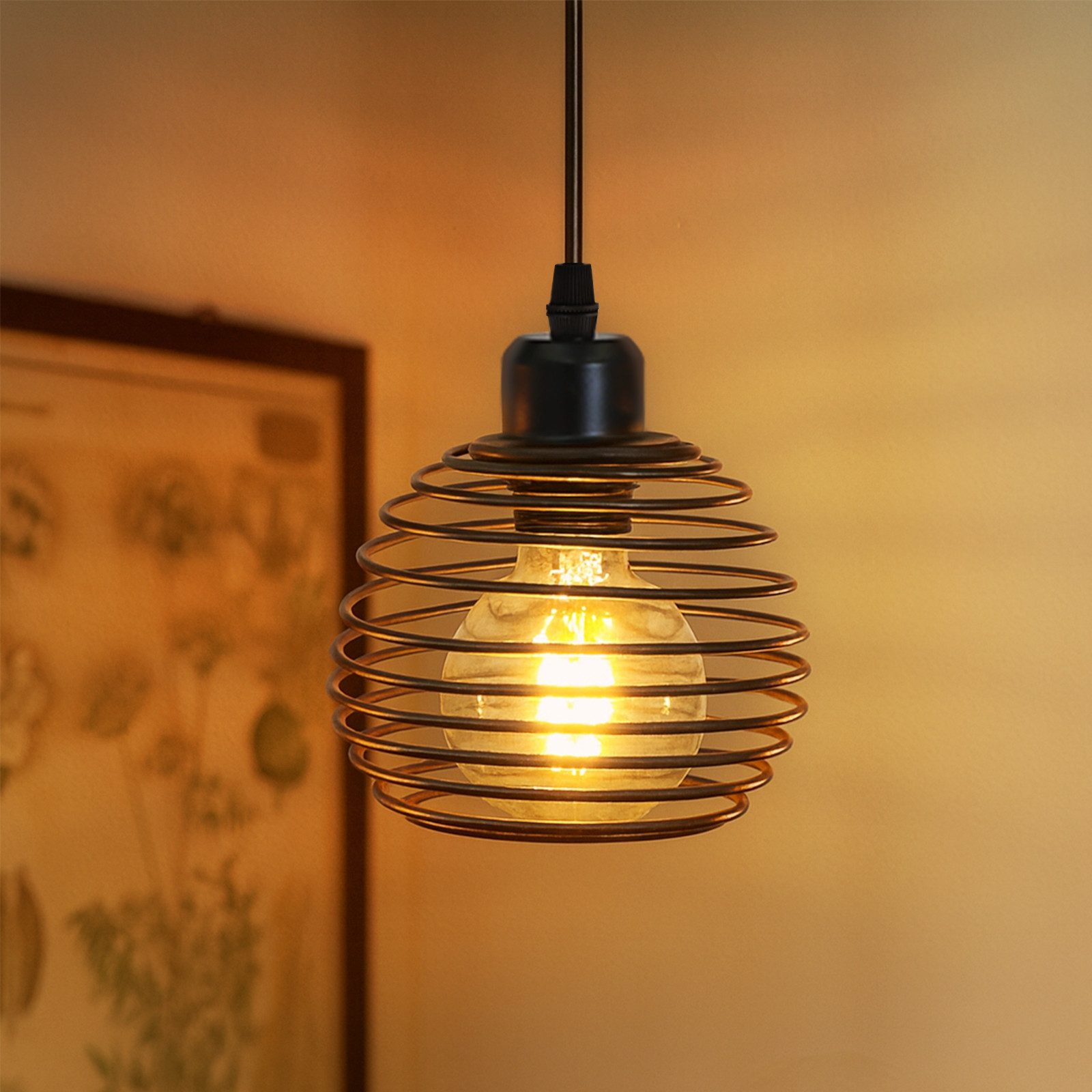 Una lampada a sospensione con una gabbia a spirale attorno a una lampadina brillante. Un'immagine incorniciata sullo sfondo sfocato.