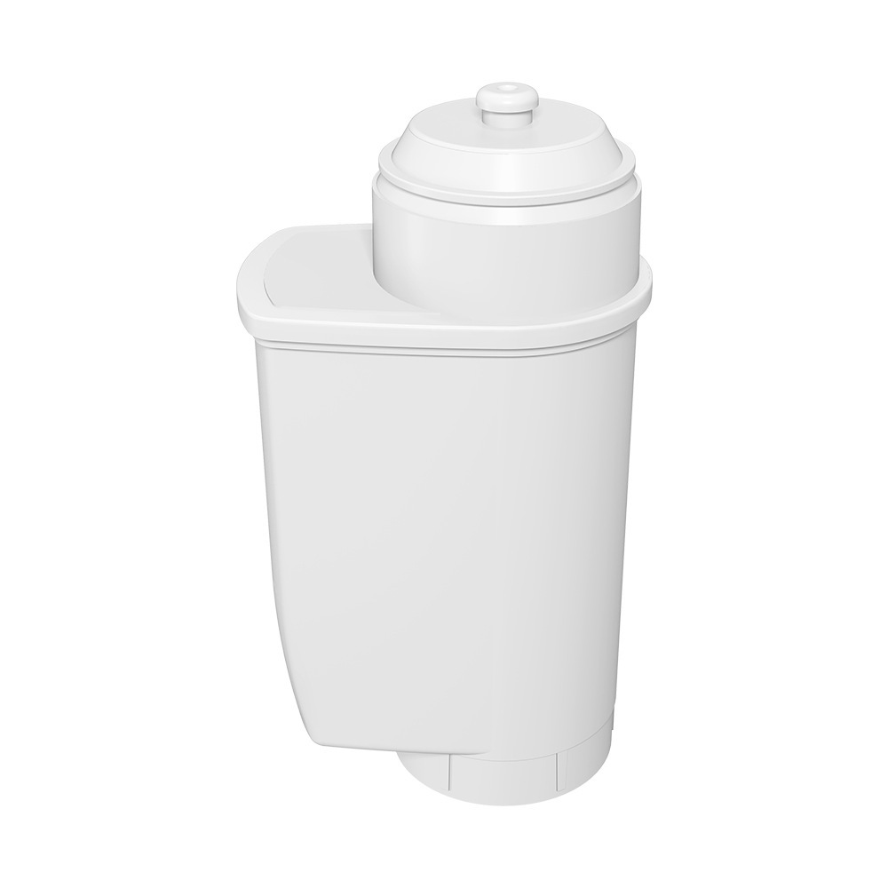 Ein weißer Wasserfilter. Er hat einen Hauptkörper, einen oberen Teil und einen Deckel oben. Der Hintergrund ist weiß.