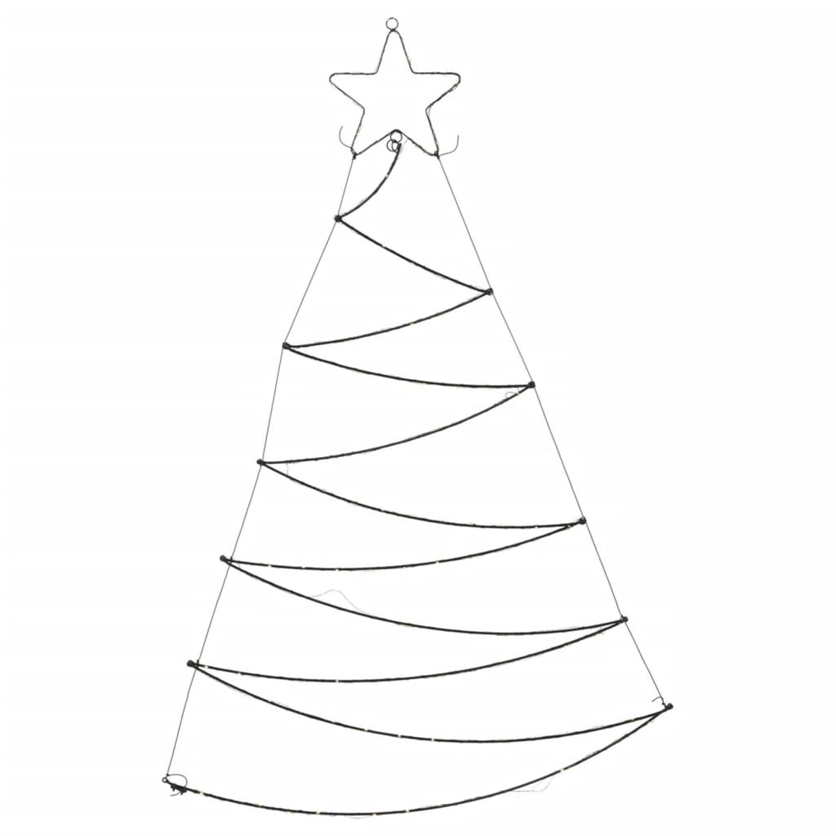 Umriss eines Weihnachtsbaums aus Metall mit einem Stern oben. Der Baum besteht aus schwarzen Linien und hat horizontale Kurven für Äste.