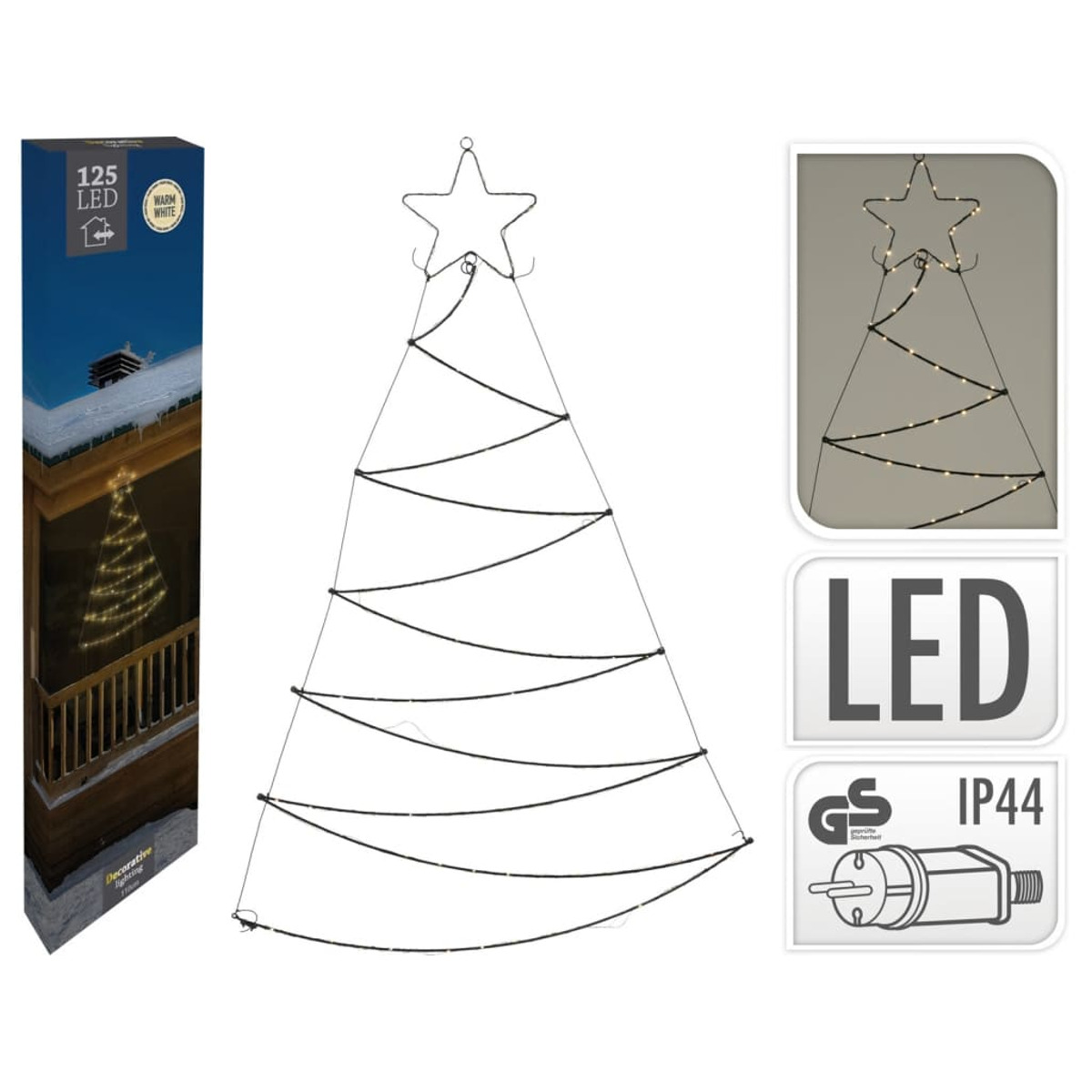 Metall-Weihnachtsbaum mit Sternaufsatz und LED-Lichtern. Verpackung zeigt den beleuchteten Baum auf einem Balkon. Enthält auch LED- und IP44-Etiketten.