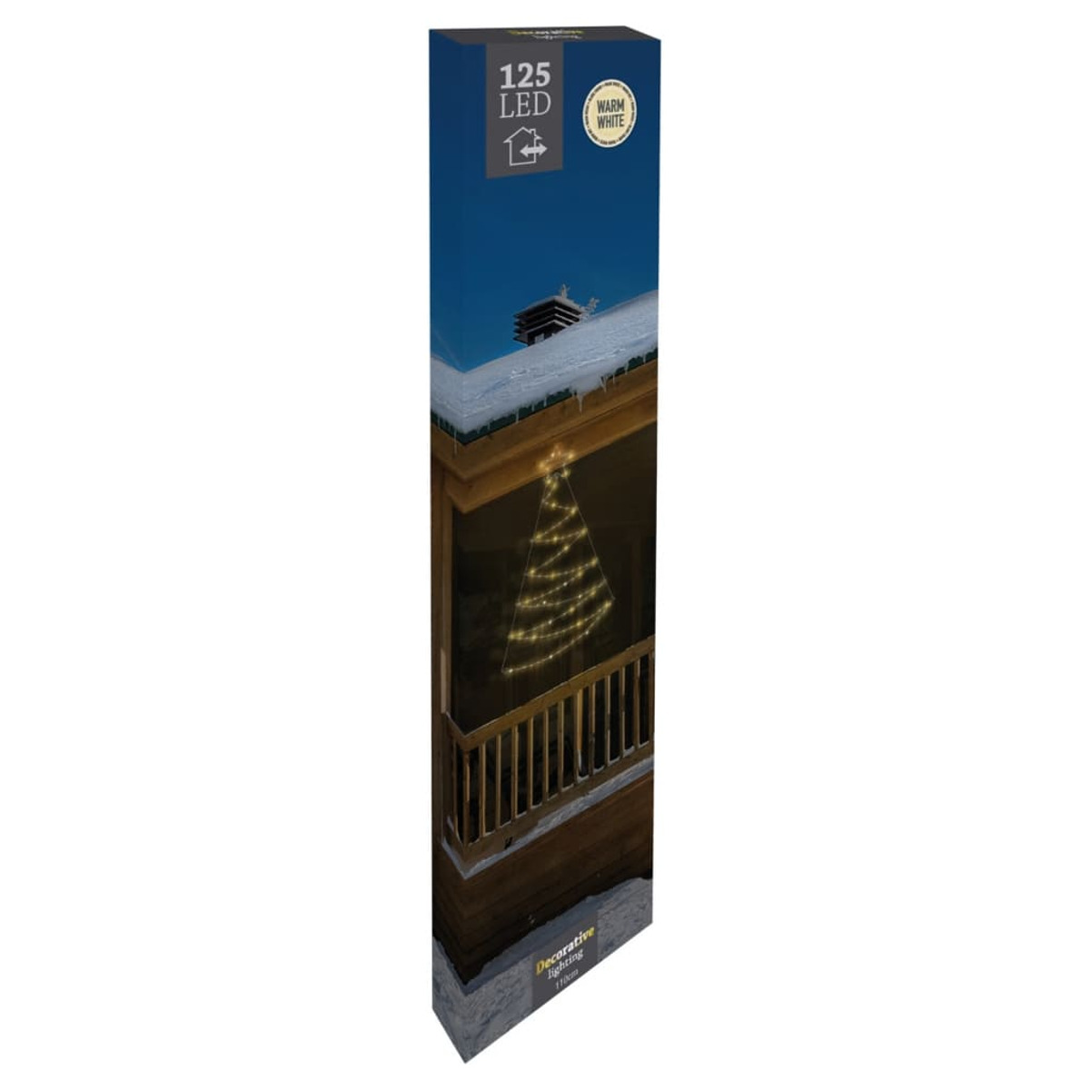 Schachtel mit einem Weihnachtsbaum aus Lichtern auf einer Veranda. Der Himmel ist dunkelblau. Auf dem Dach liegt Schnee.