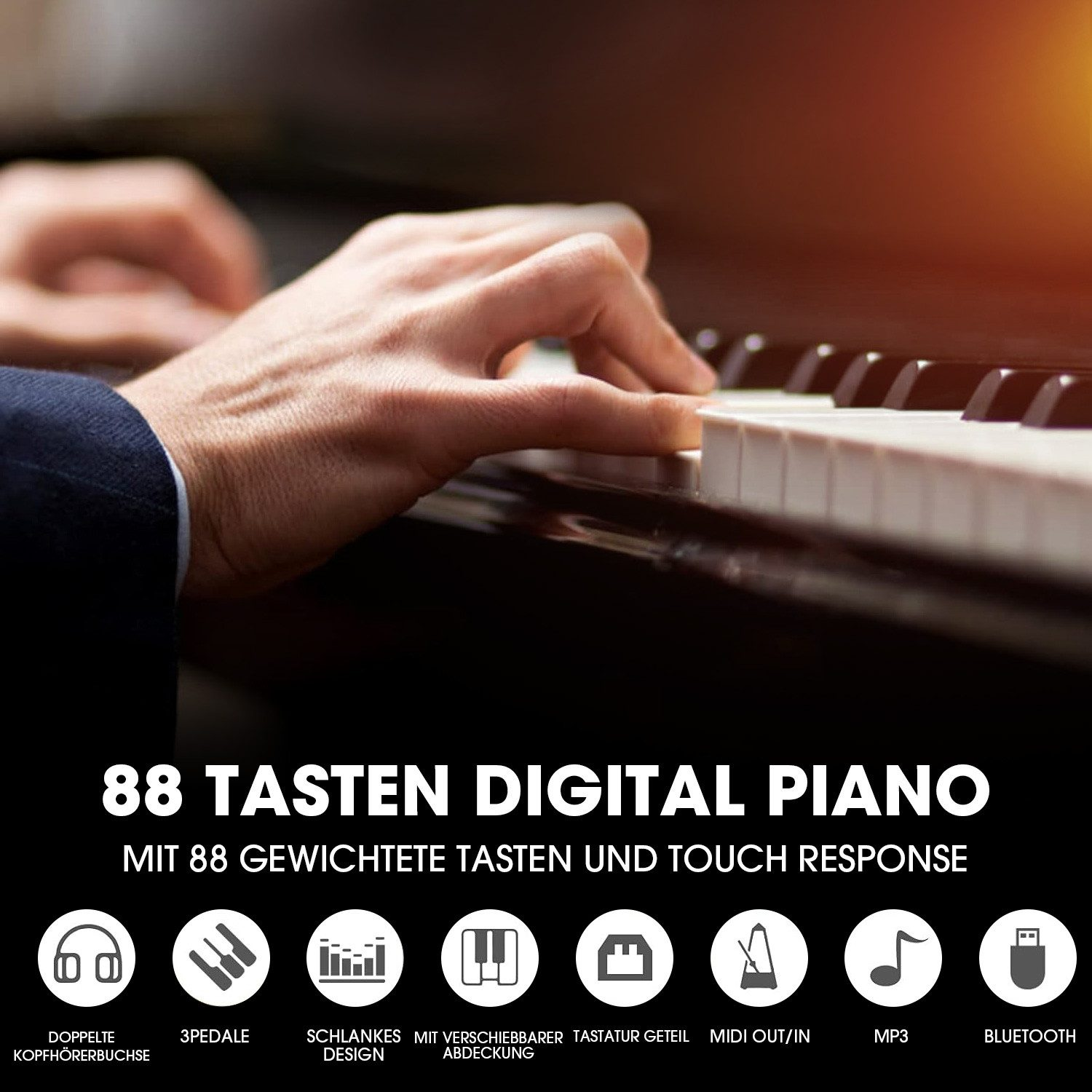Hände spielen Klavier mit schwarzen und weißen Tasten. Text: Digitalpiano mit 88 gewichteten Tasten.