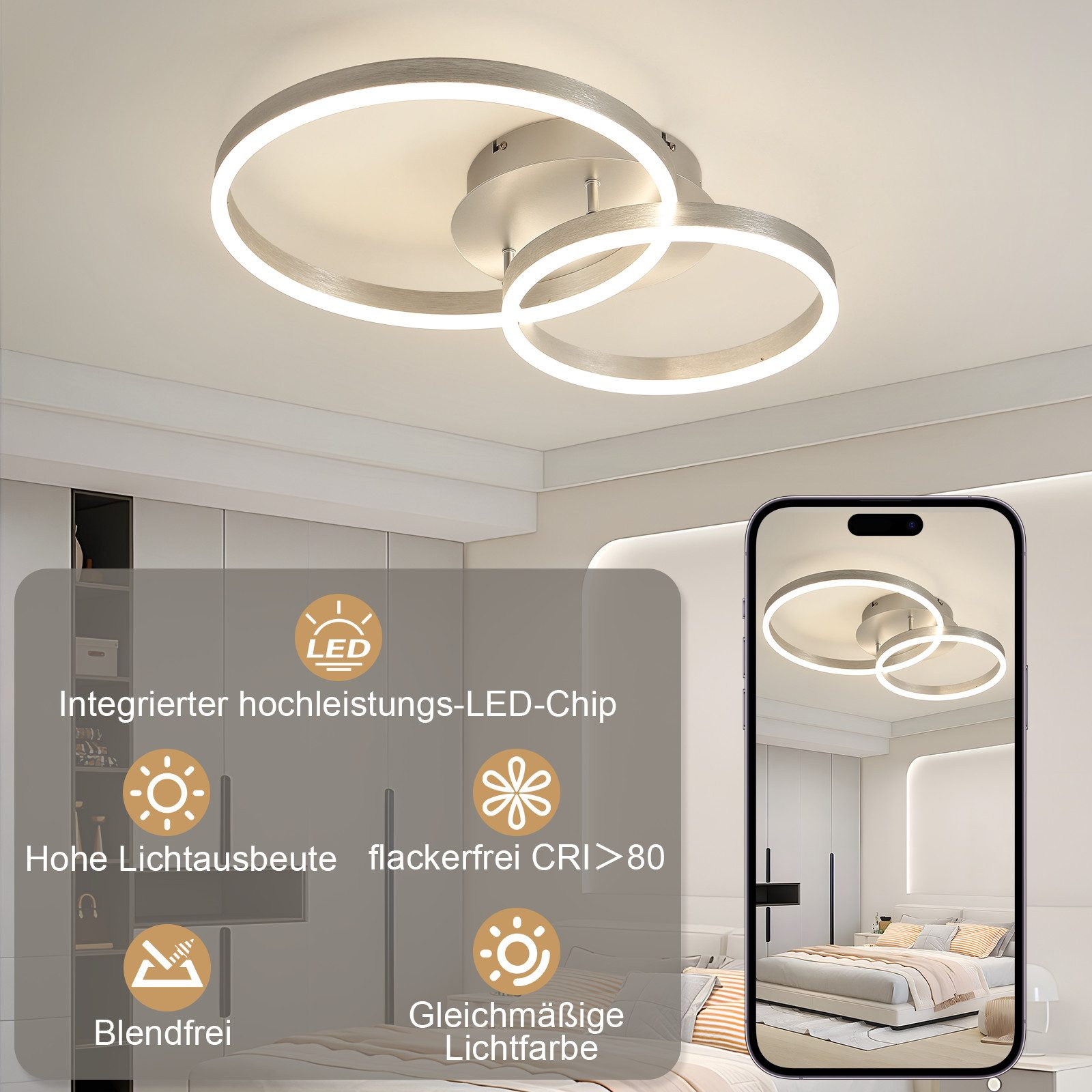 Una moderna plafoniera con tre elementi luminosi circolari interconnessi, mostrata in una stanza con un telefono.