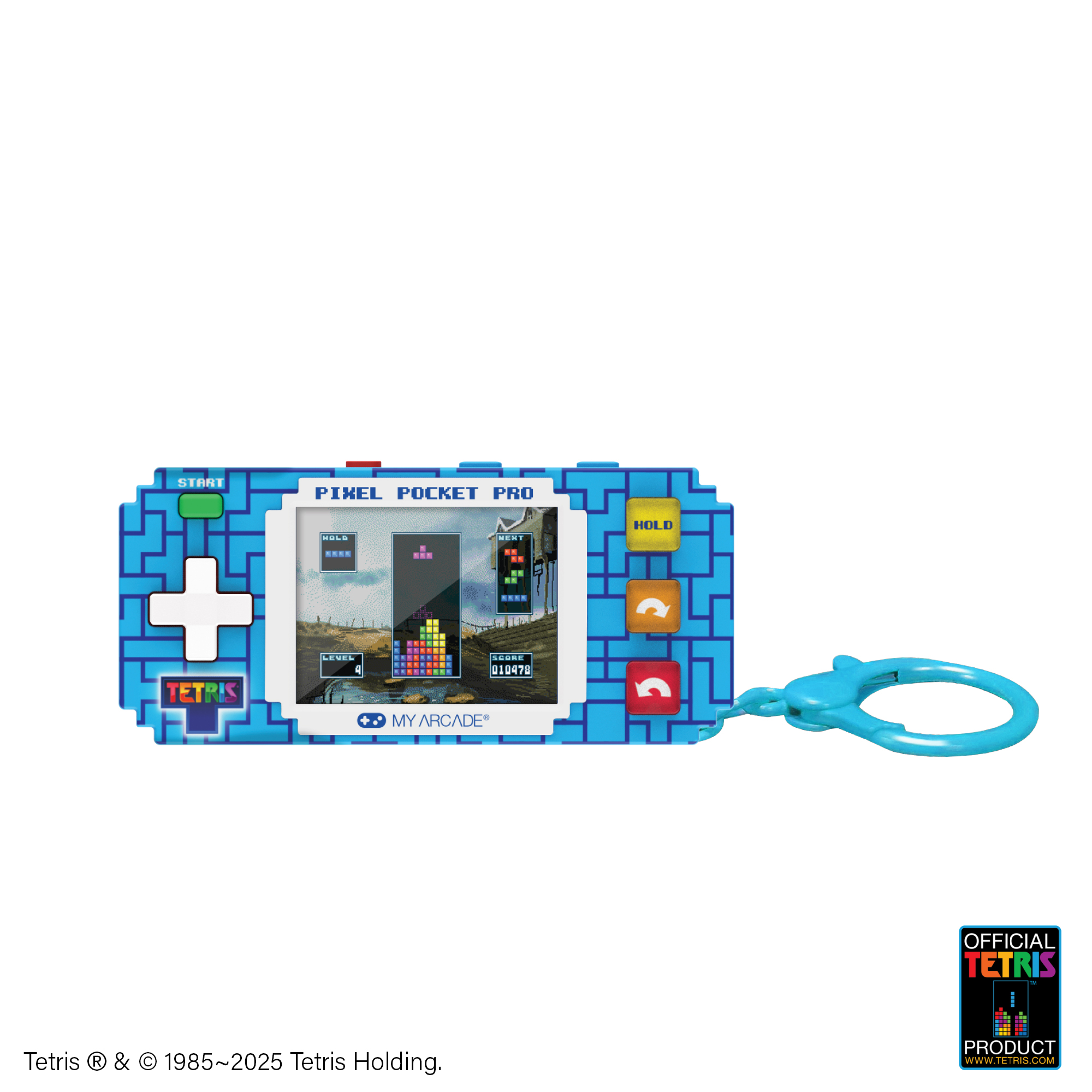 Una console di gioco Pixel Pocket Pro Tetris. È blu con uno schermo che mostra un gioco di Tetris. Ha pulsanti e un portachiavi blu.