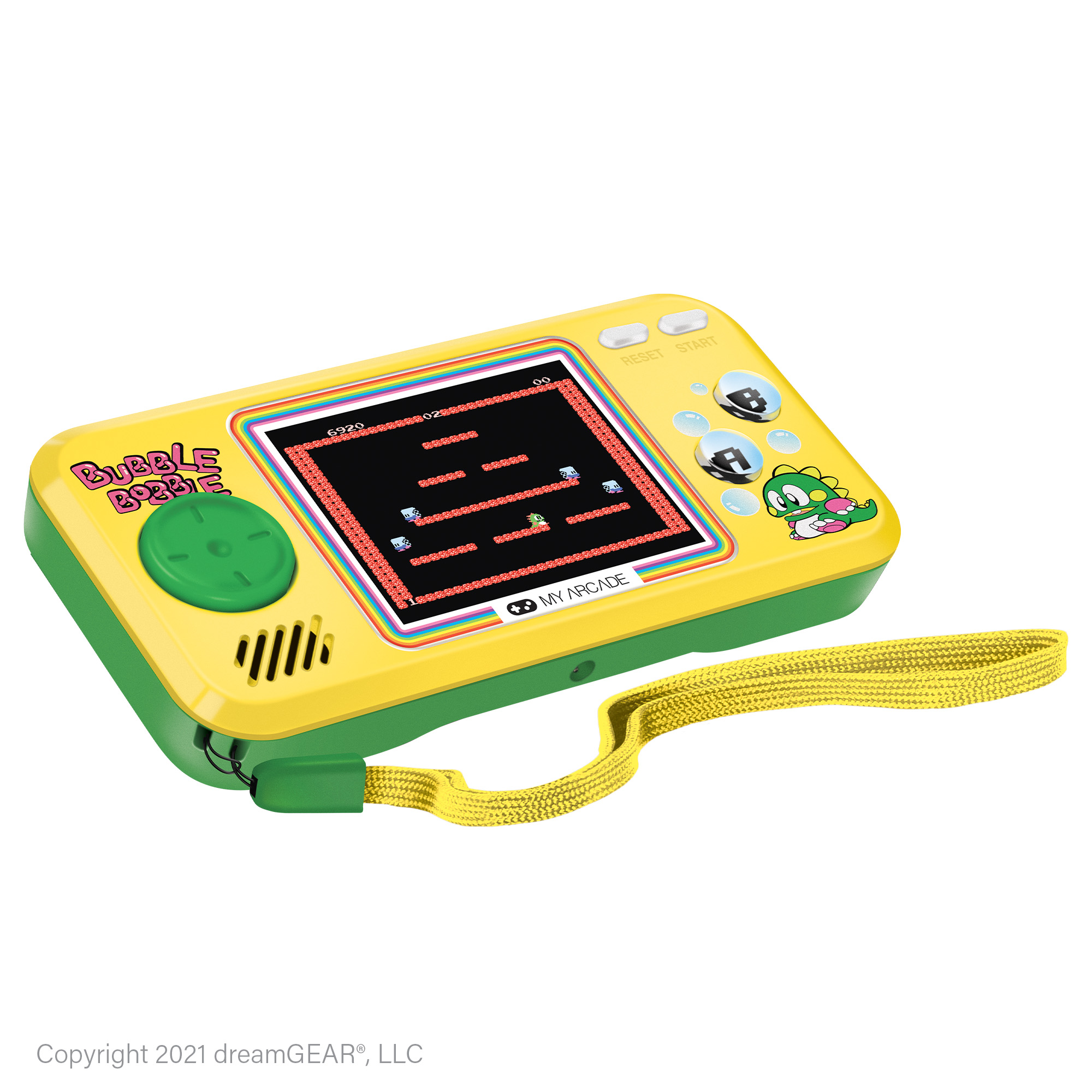 Gelb-grüne Bubble Bobble Handheld-Spielkonsole. Sie hat einen Bildschirm, Tasten und einen gelben Riemen.