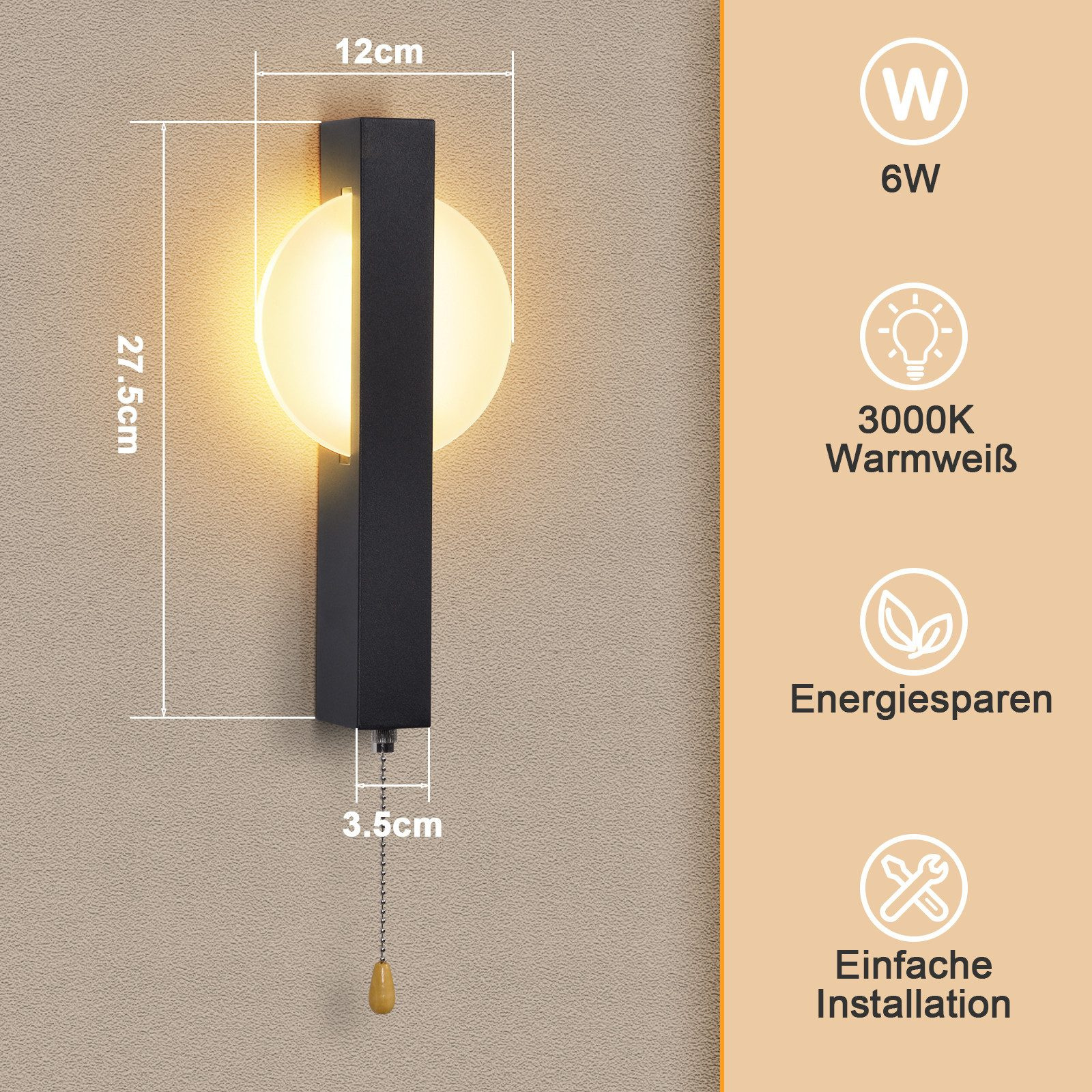 Una lampada da parete nera con luce rotonda, le dimensioni sono indicate. I simboli indicano il risparmio energetico e la facile installazione.