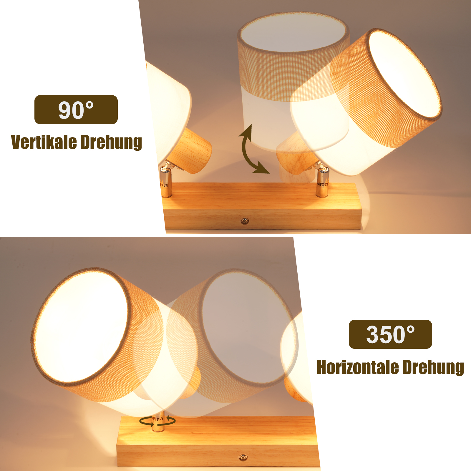 Una lampada in legno con due teste regolabili. L'immagine mostra gli angoli di rotazione in gradi.