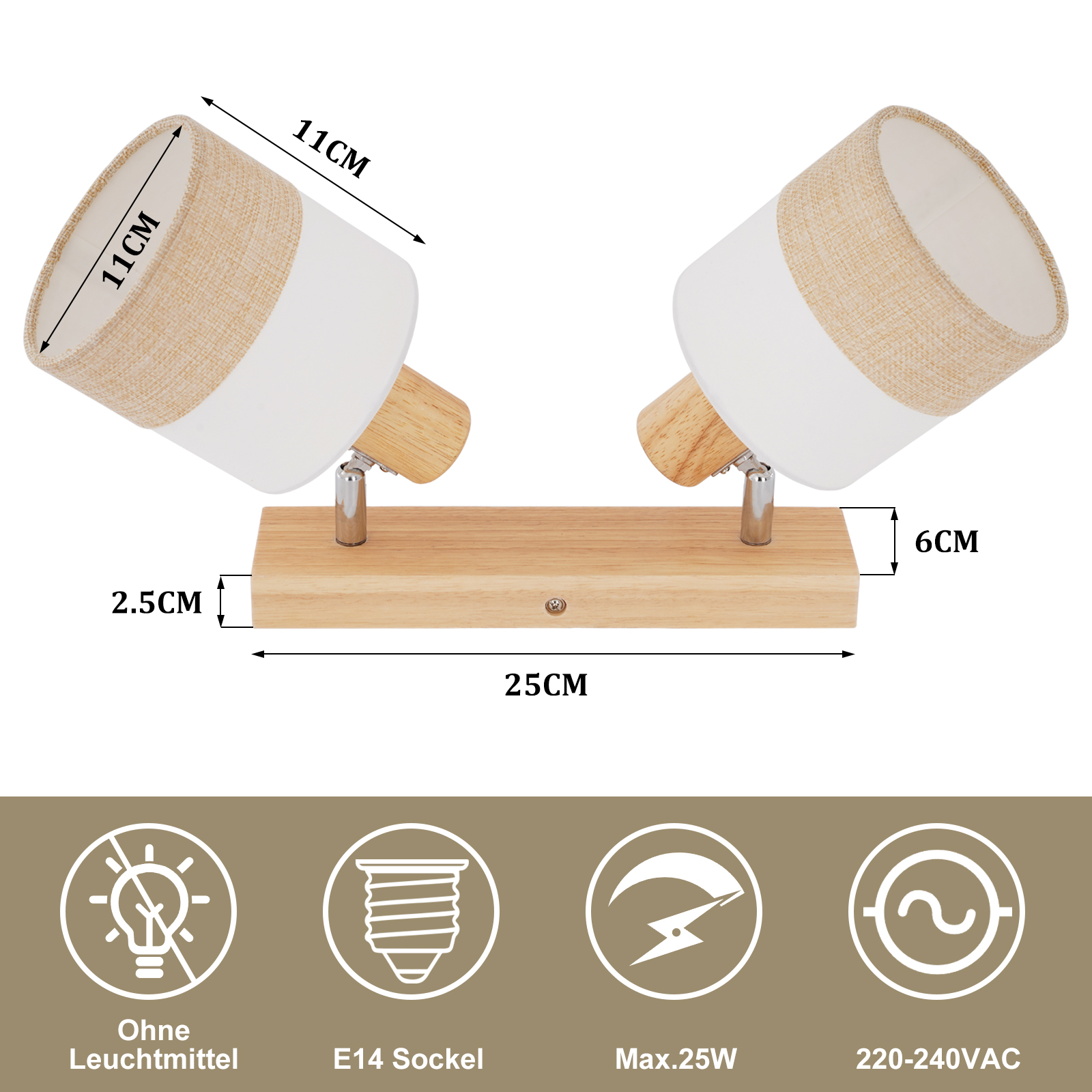 Un doppio faretto. Ha tonalità beige e bianche. Poggia su una base in legno con dimensioni indicate.
