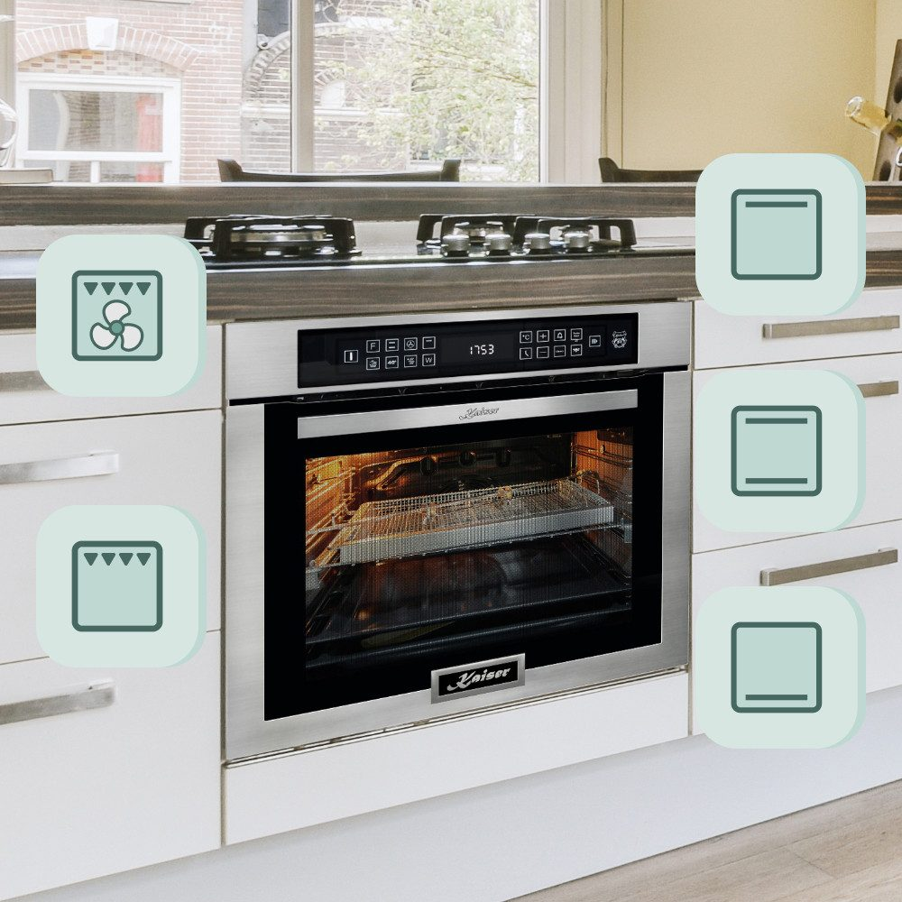 Ein moderner Küchenofen mit verschiedenen Funktionssymbolen. Edelstahlbackofen in einer weißen Küche mit Fenster und Herd.
