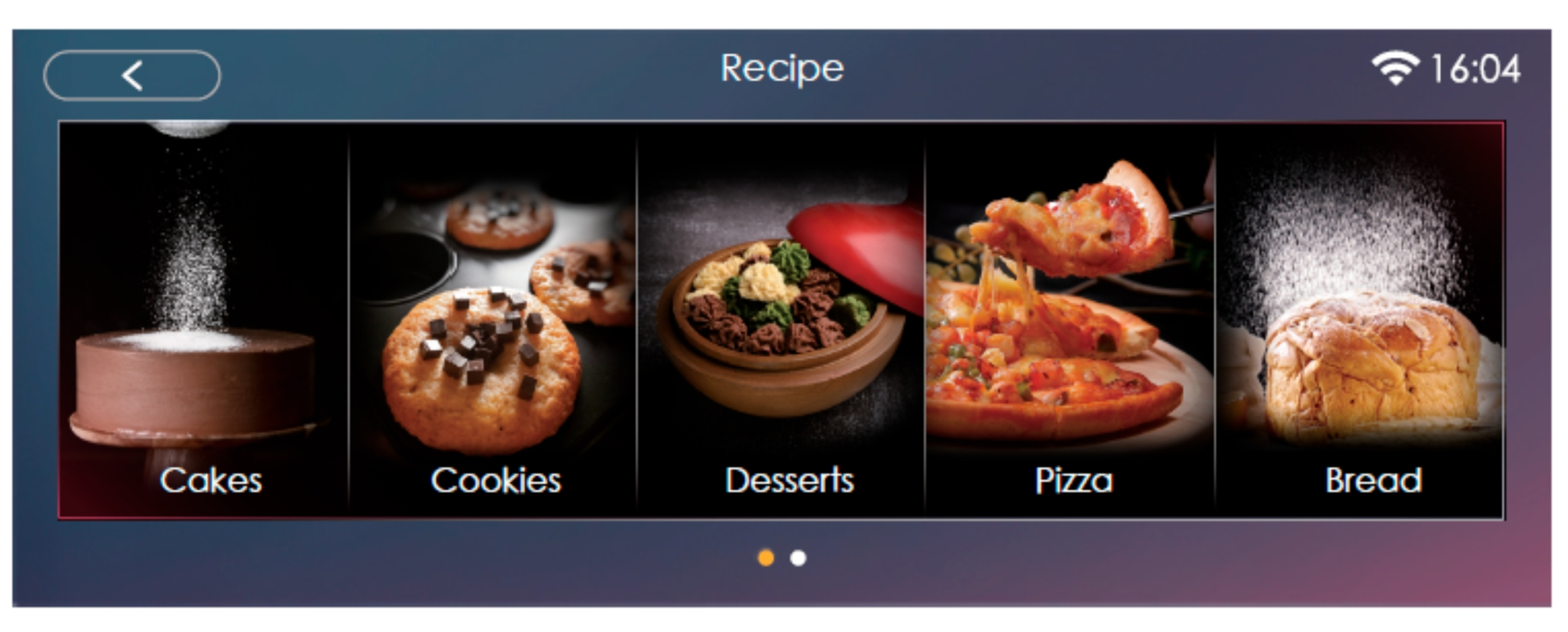 Rezeptbildschirm mit Optionen: Kuchen, Kekse, Desserts, Pizza und Brot. Zucker wird auf Kuchen und Brot gestreut.