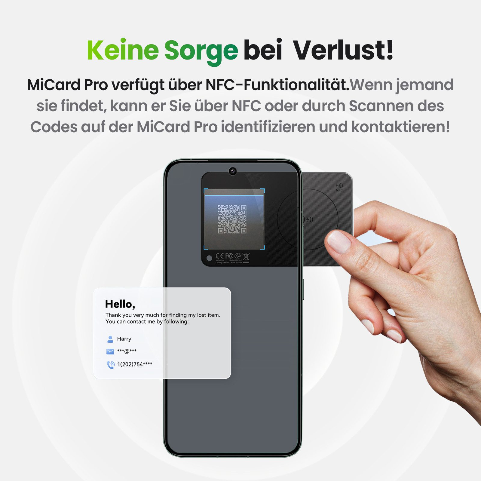 Eine Hand, die ein schwarzes NFC-Gerät über einem Telefon mit einem QR-Code und Kontaktinformationen hält.