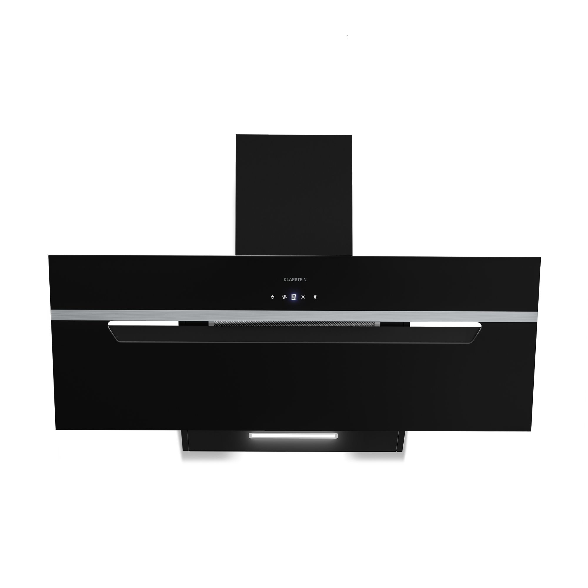 Una cappa Klarstein nera su sfondo bianco. Ha un display digitale e una luce integrata.