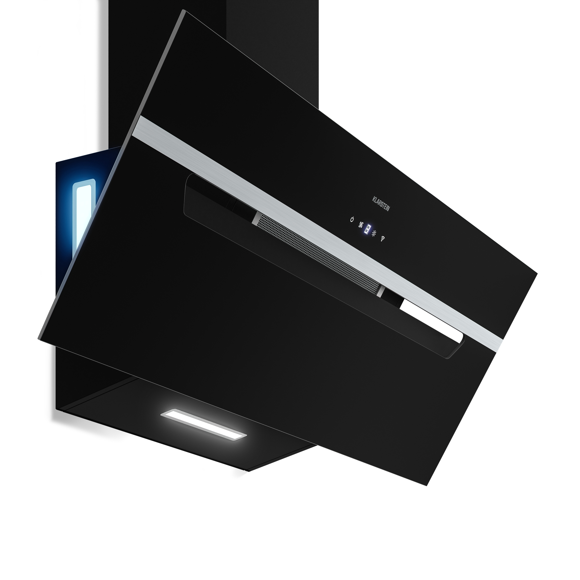Una moderna cappa nera con finiture argentate. Ha un display digitale e luce integrata, su sfondo bianco.